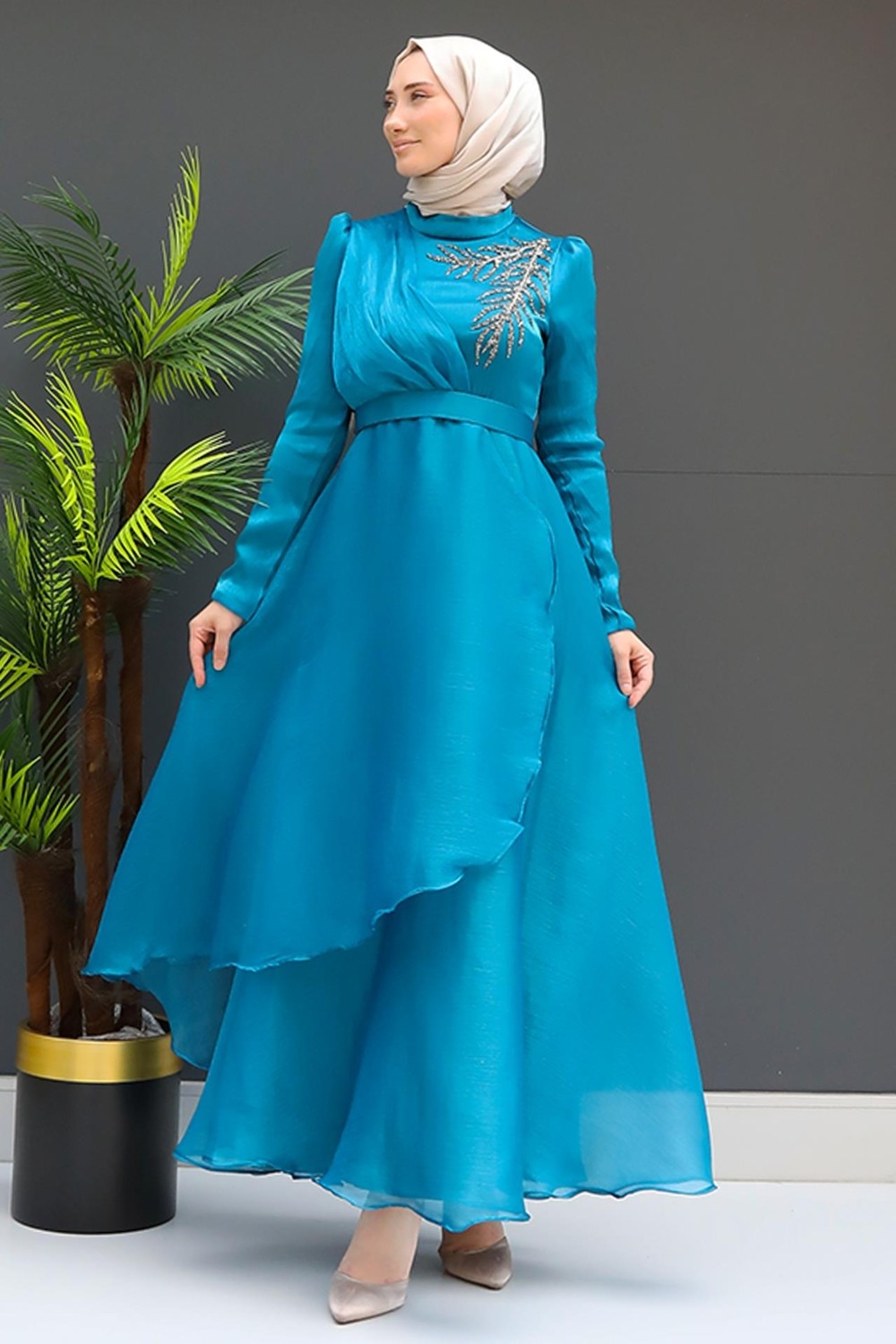 Giza Store Taşlı Organze Abiye Fuşya görsel 6