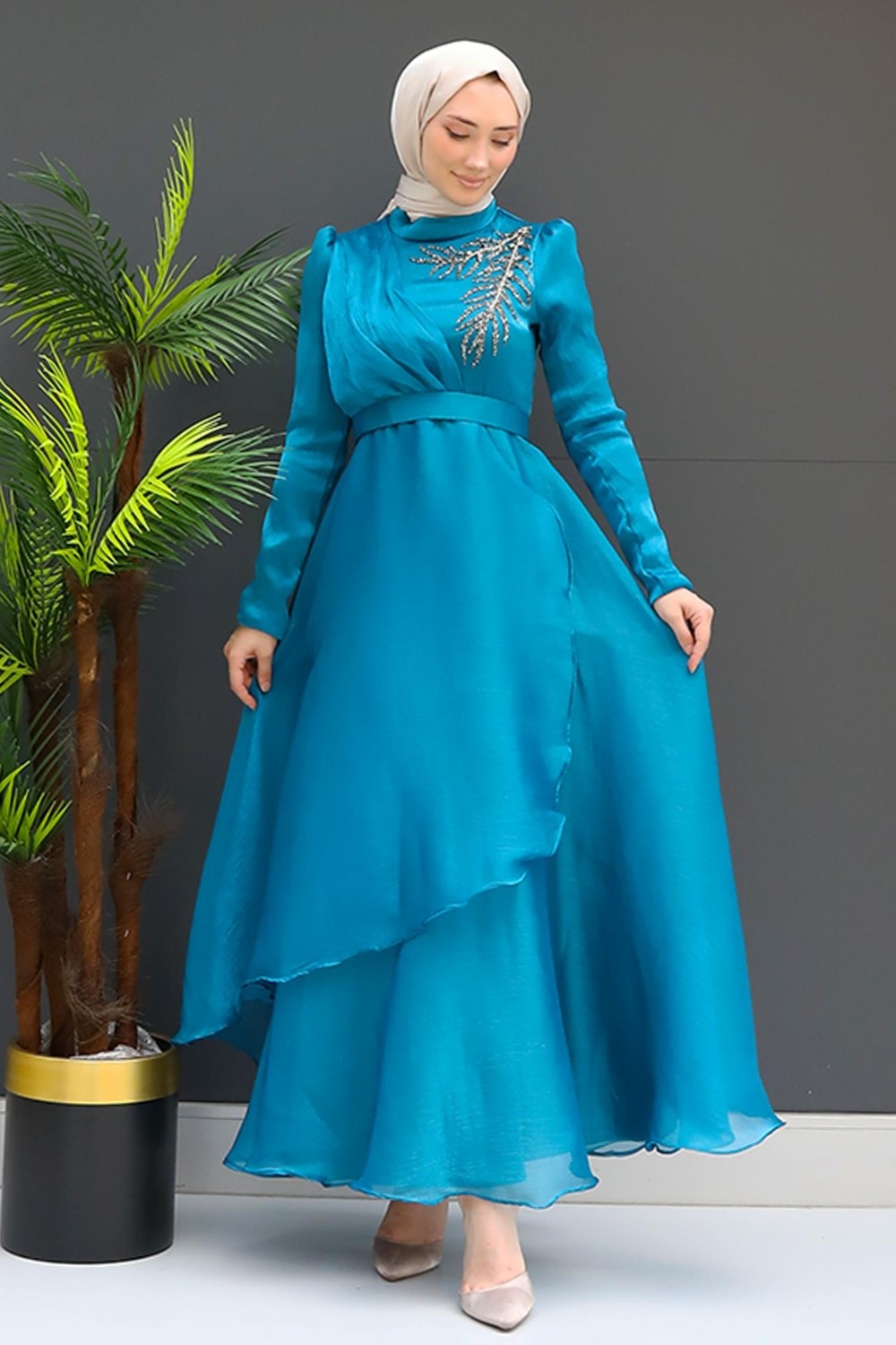 Giza Store Taşlı Organze Abiye Fuşya görsel 7