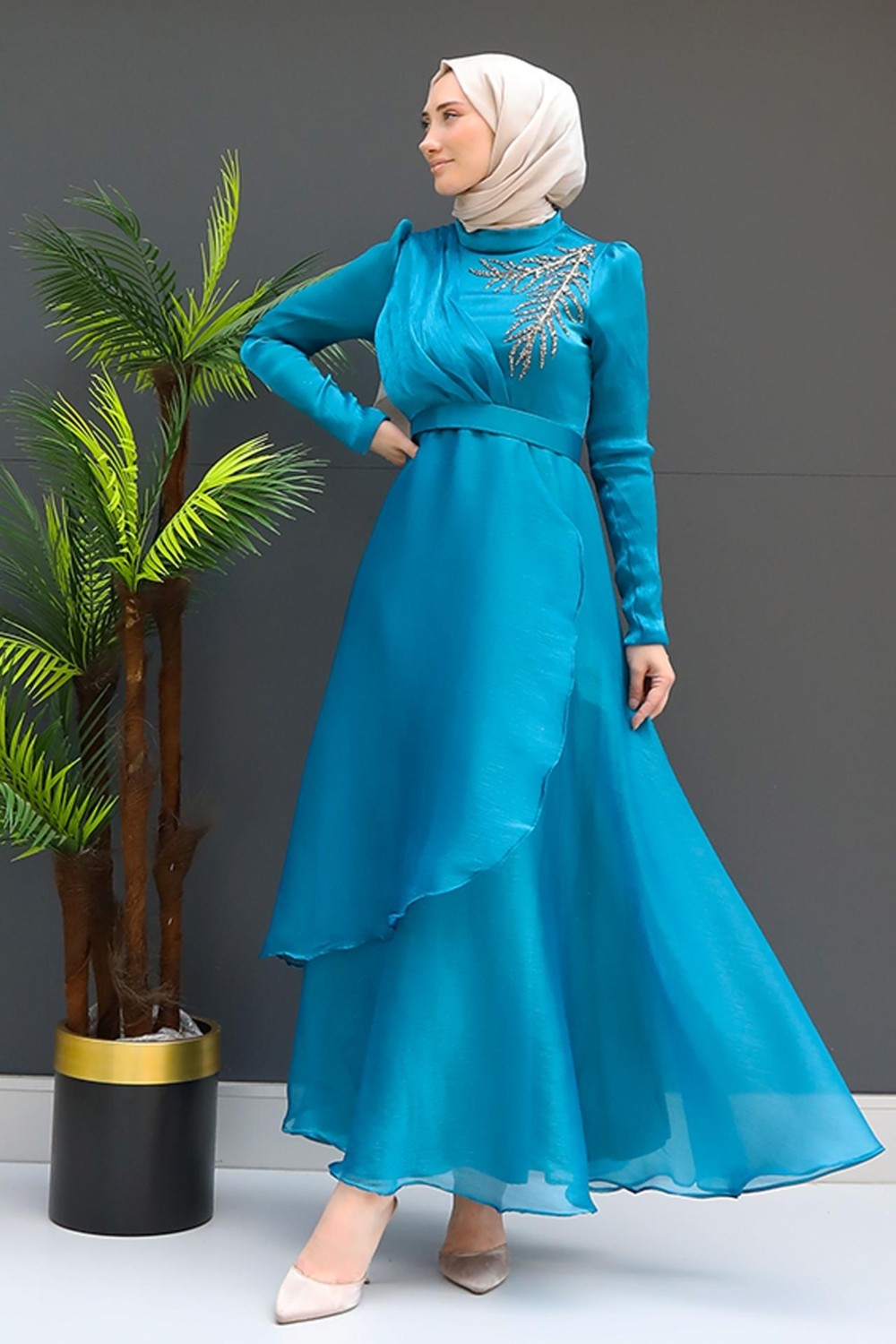 Giza Store Taşlı Organze Abiye Fuşya görsel 8
