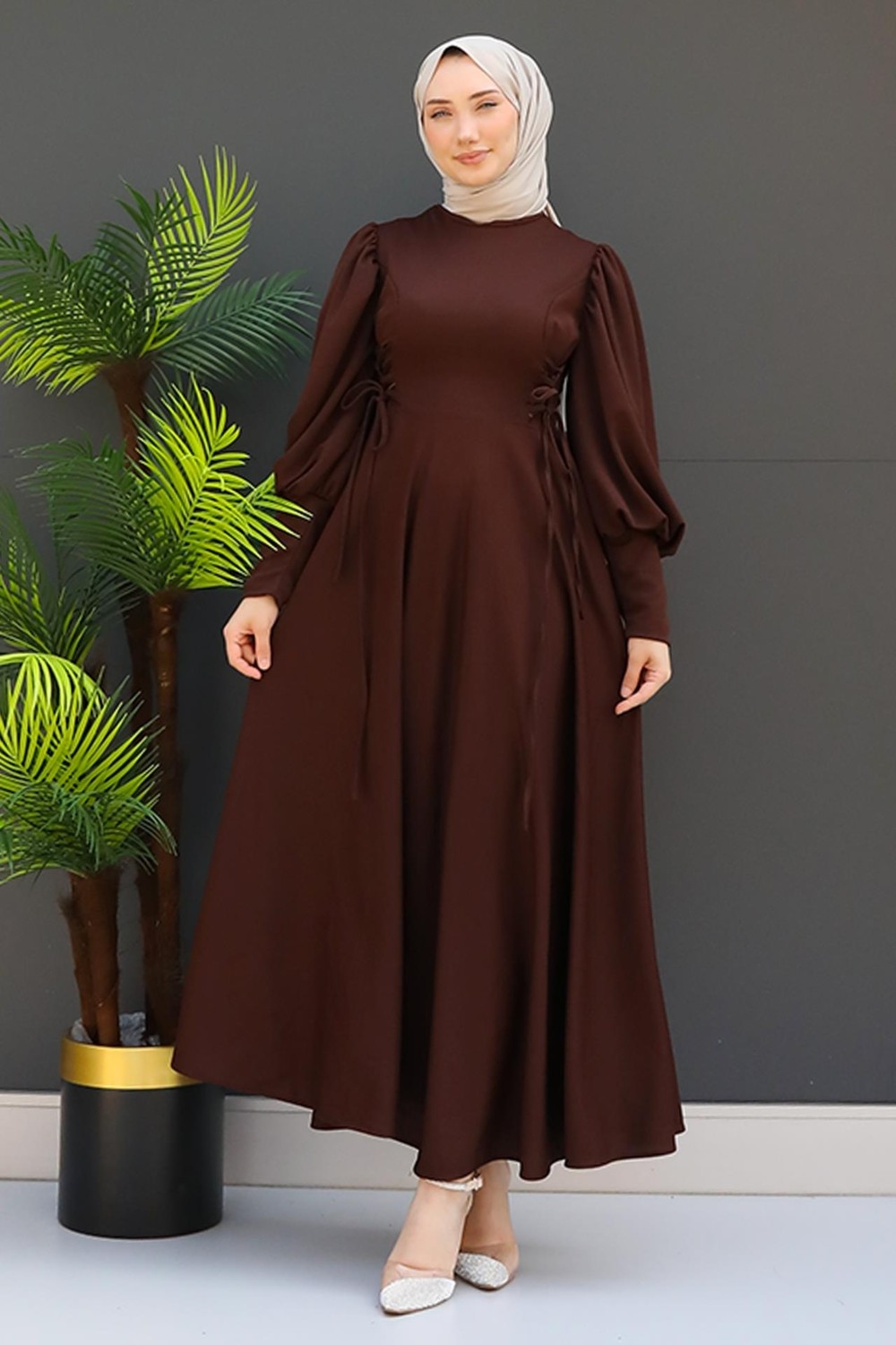 Giza Store Ip Kuşaklı Elbise Sütlükahve