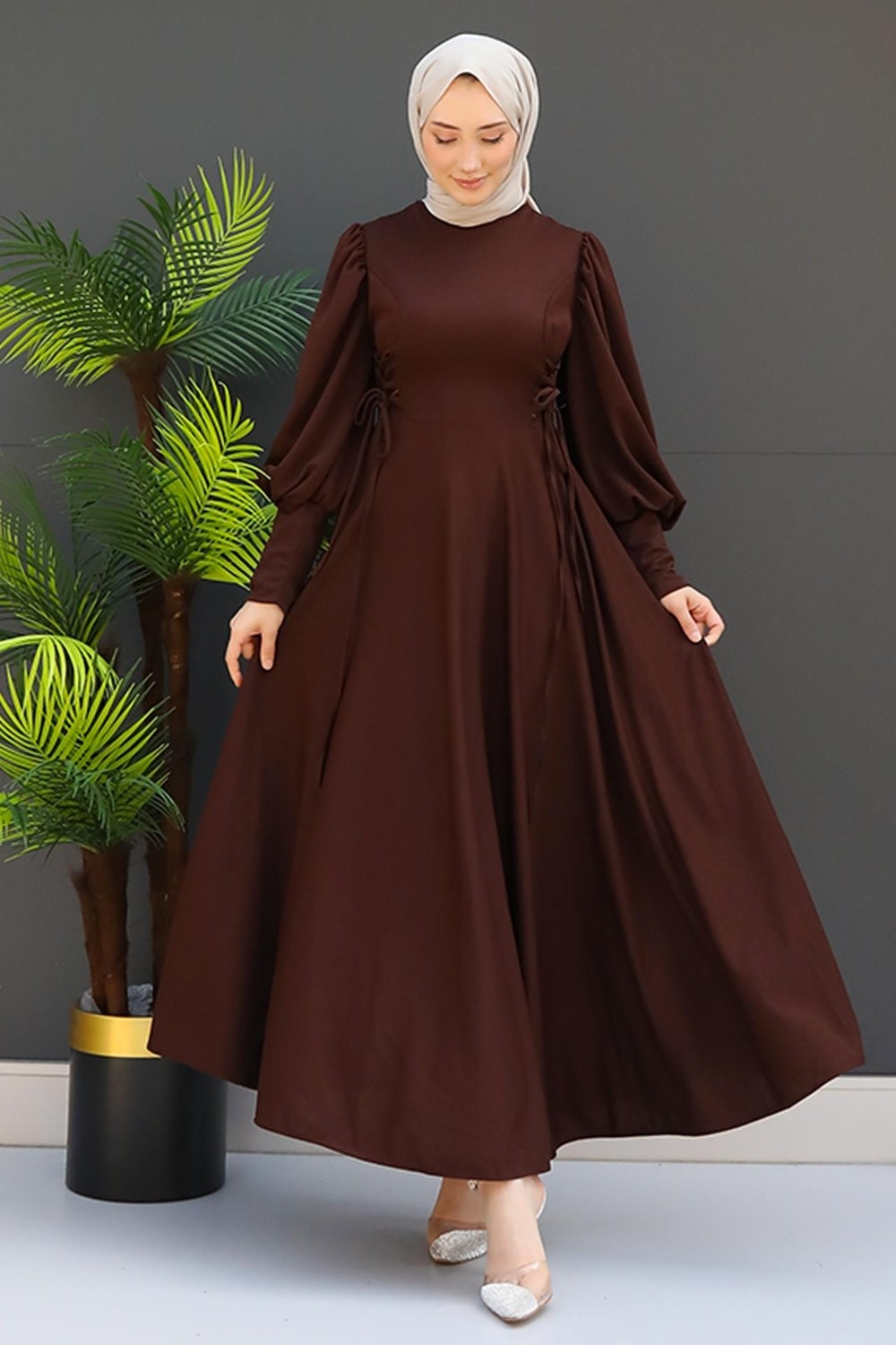 Giza Store Ip Kuşaklı Elbise Sütlükahve görsel 2
