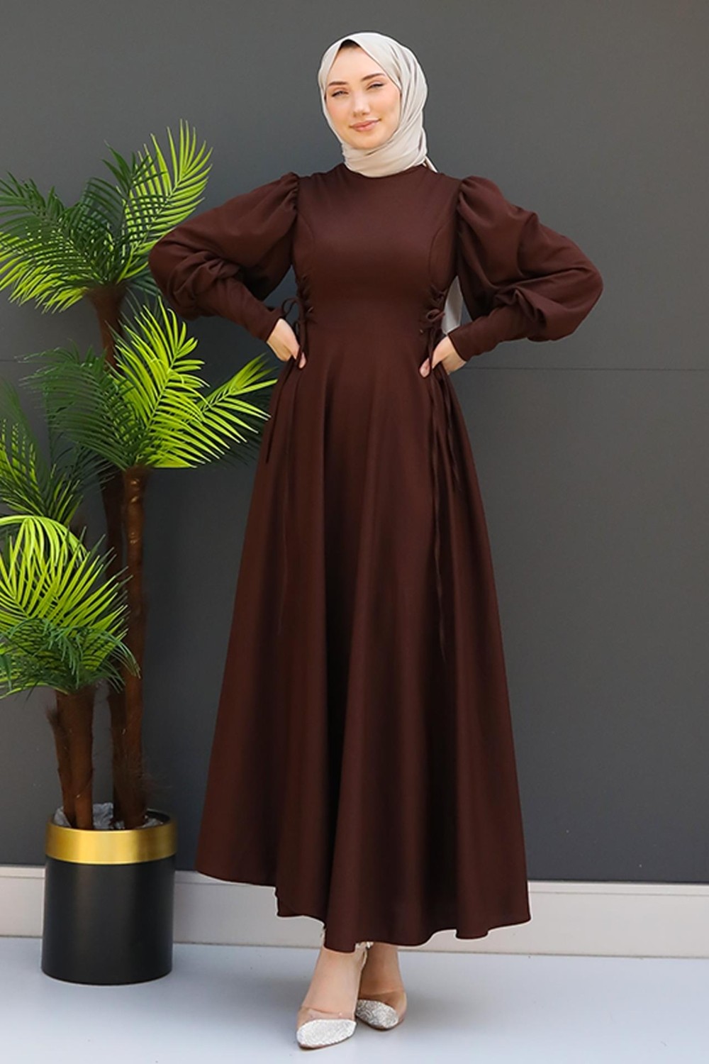 Giza Store Ip Kuşaklı Elbise Sütlükahve görsel 3