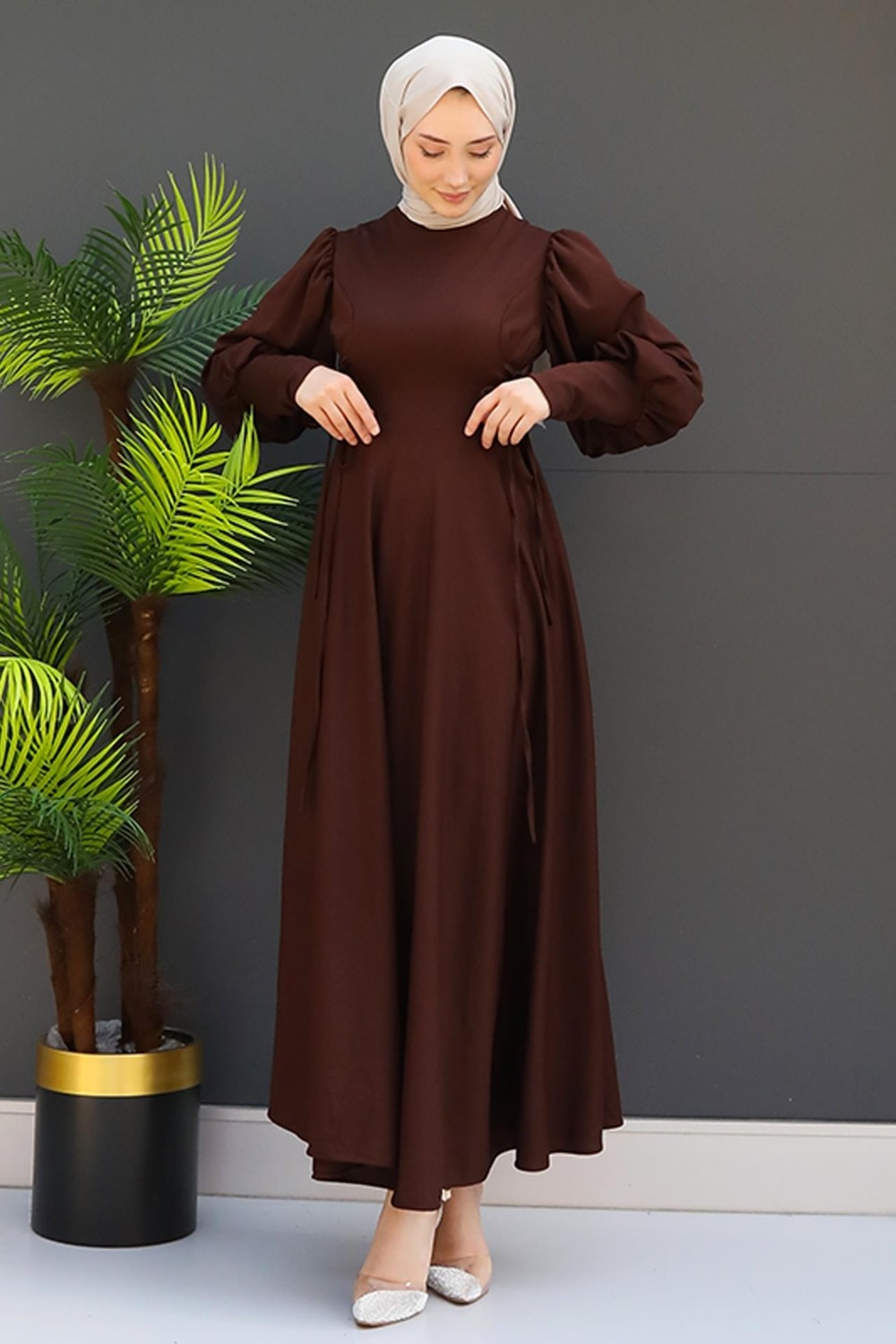 Giza Store Ip Kuşaklı Elbise Sütlükahve görsel 4