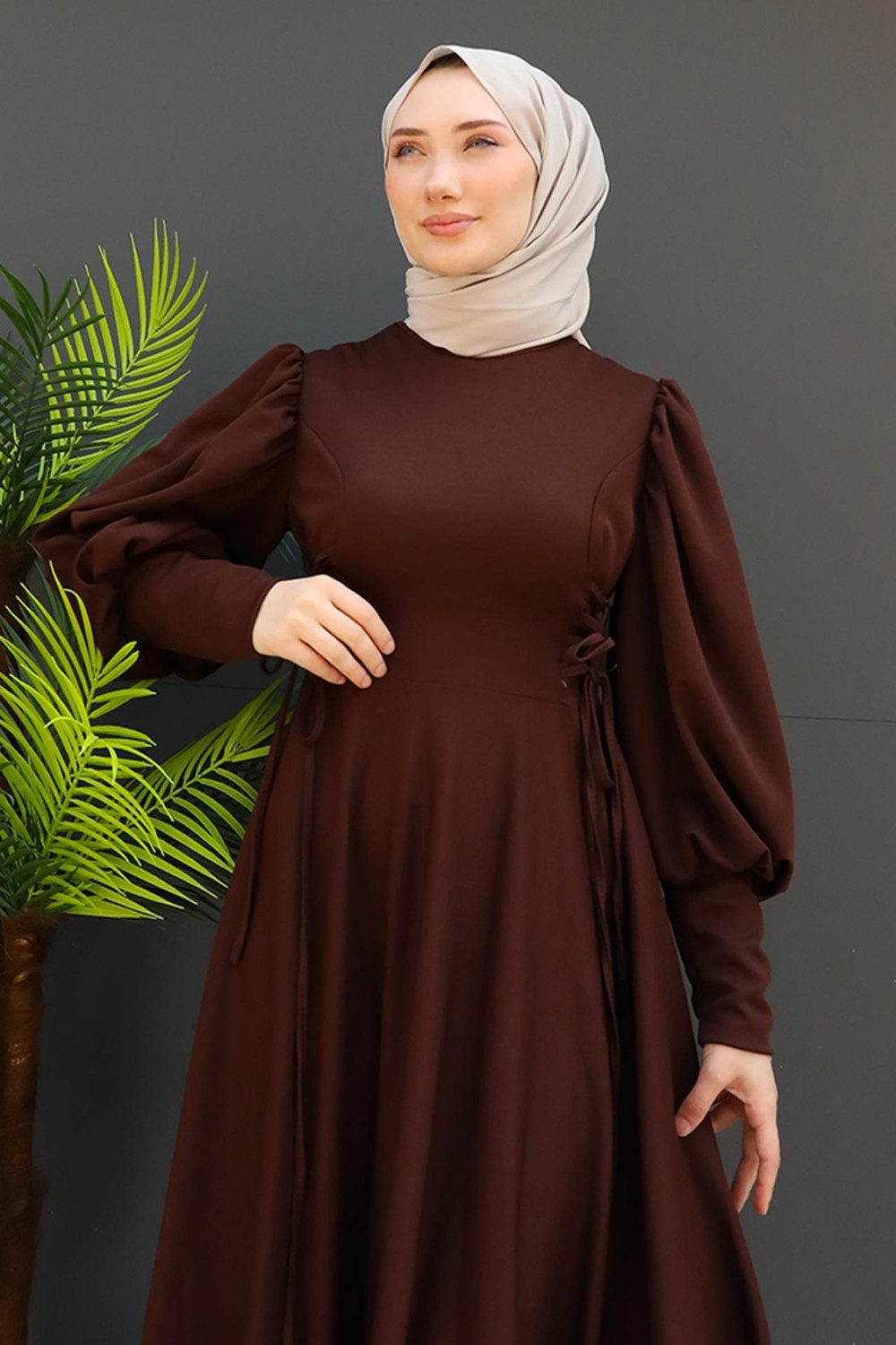 Giza Store Ip Kuşaklı Elbise Sütlükahve görsel 5