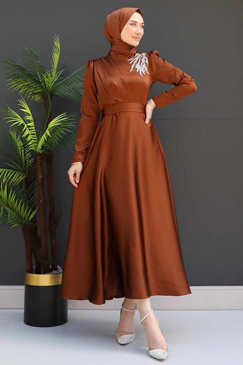 Giza Store Omzu Taşlı Saten Abiye Koyu Indigo
