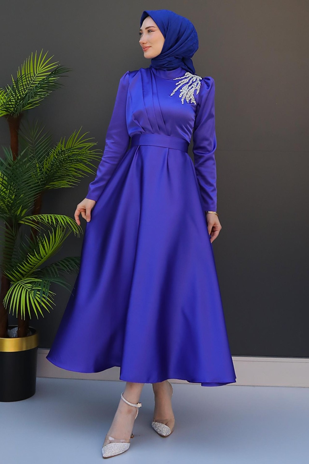 Giza Store Omzu Taşlı Saten Abiye Koyu Indigo