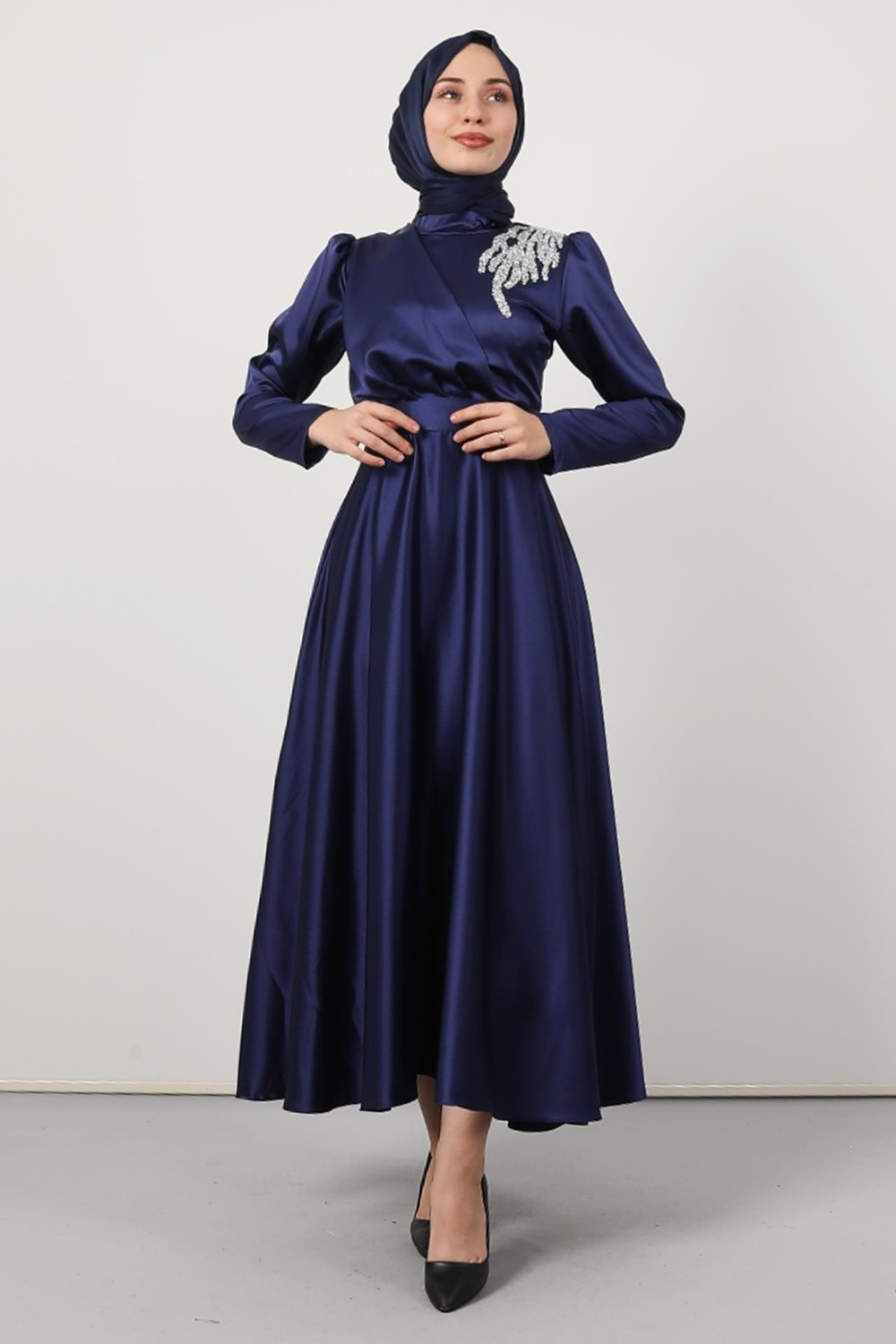 Giza Store Omzu Taşlı Saten Abiye Koyu Indigo