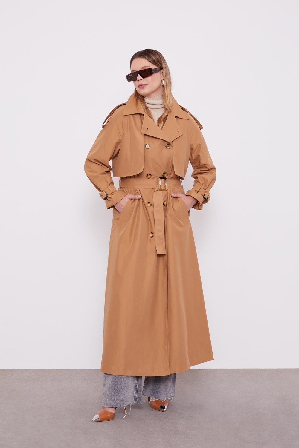 Lêvi D'or Camel Kol Kemerli Trençkot görsel 3