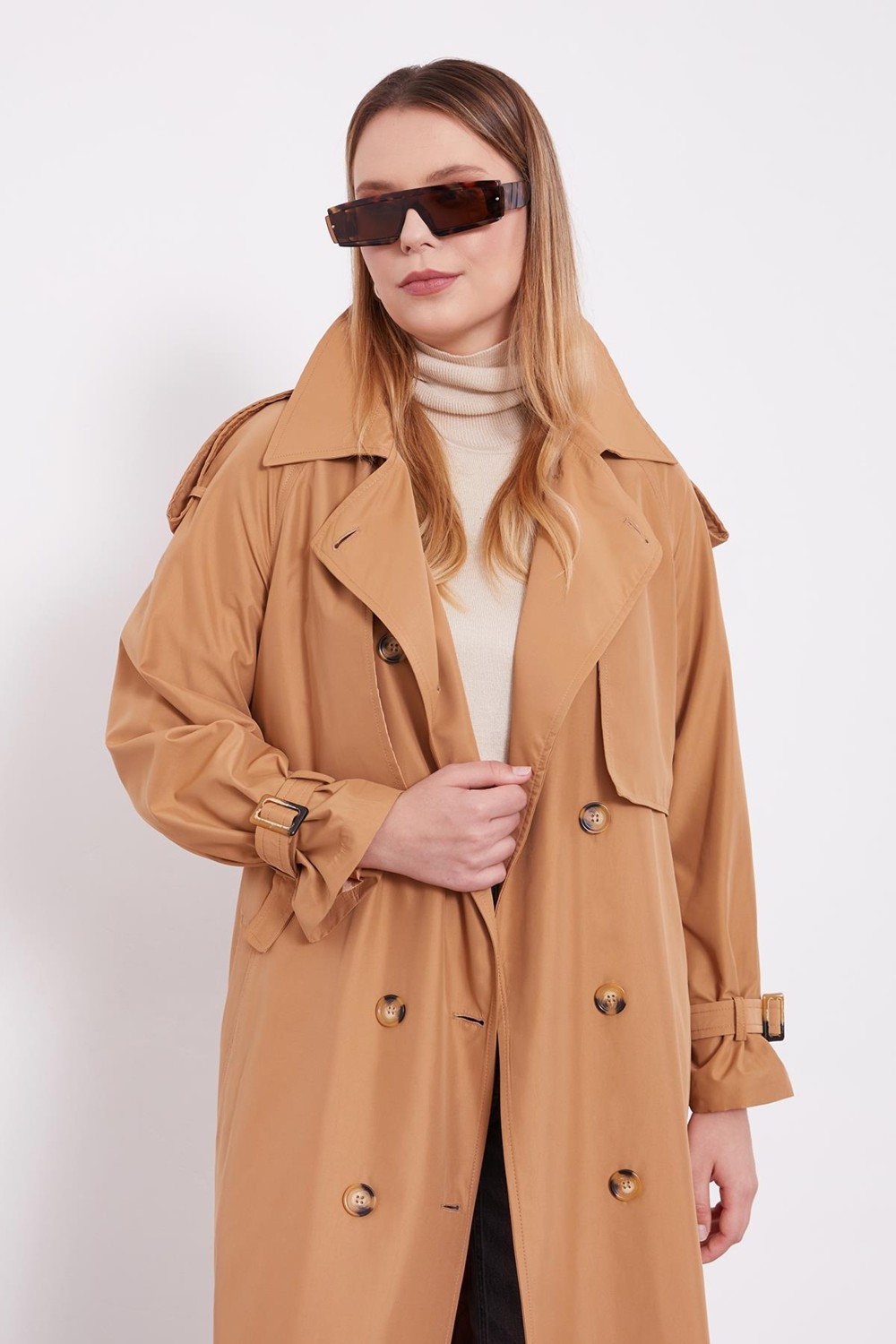Lêvi D'or Camel Kol Kemerli Trençkot görsel 5