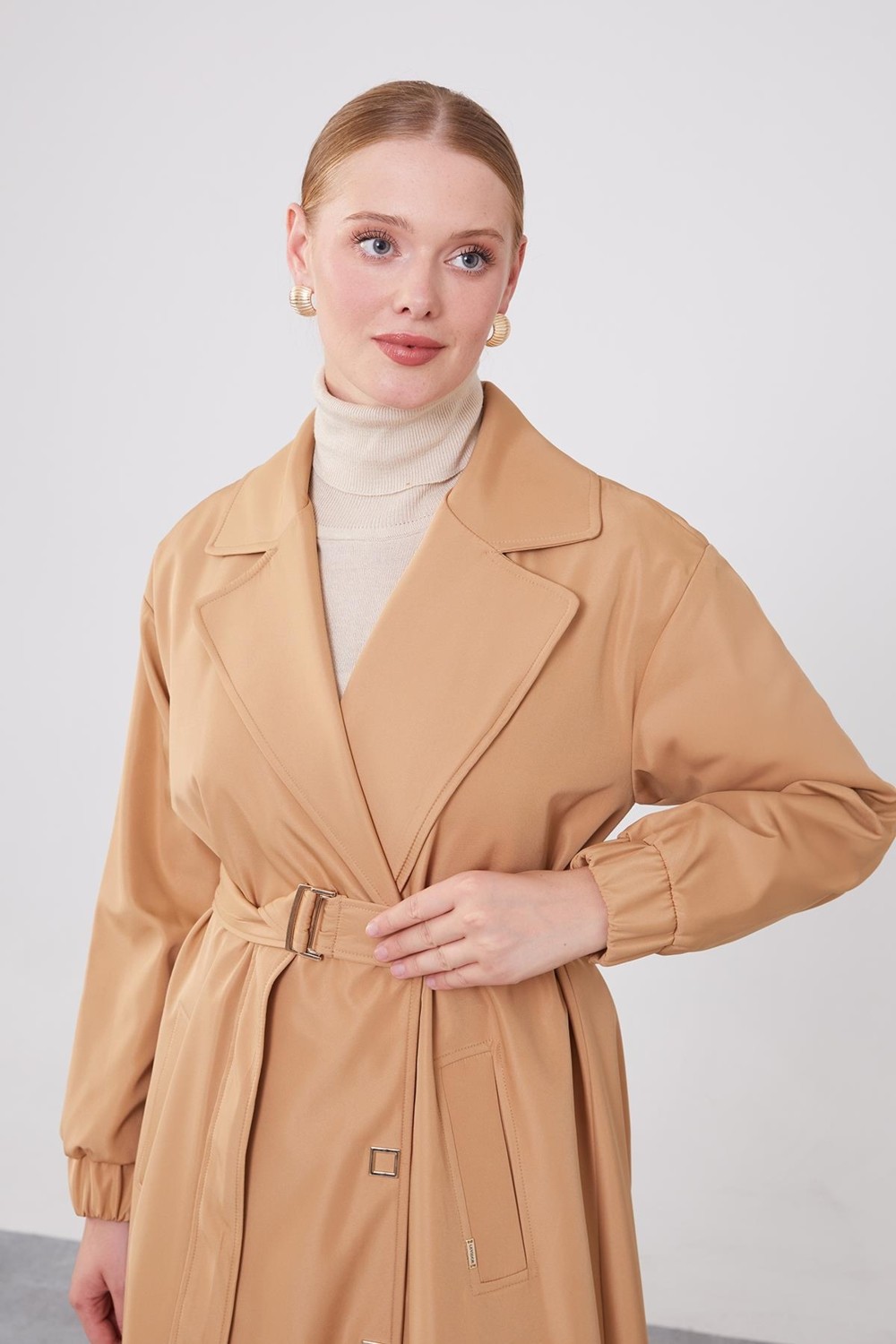 Lêvi D'or Camel Kolu Lastik Detay Trençkot görsel 4
