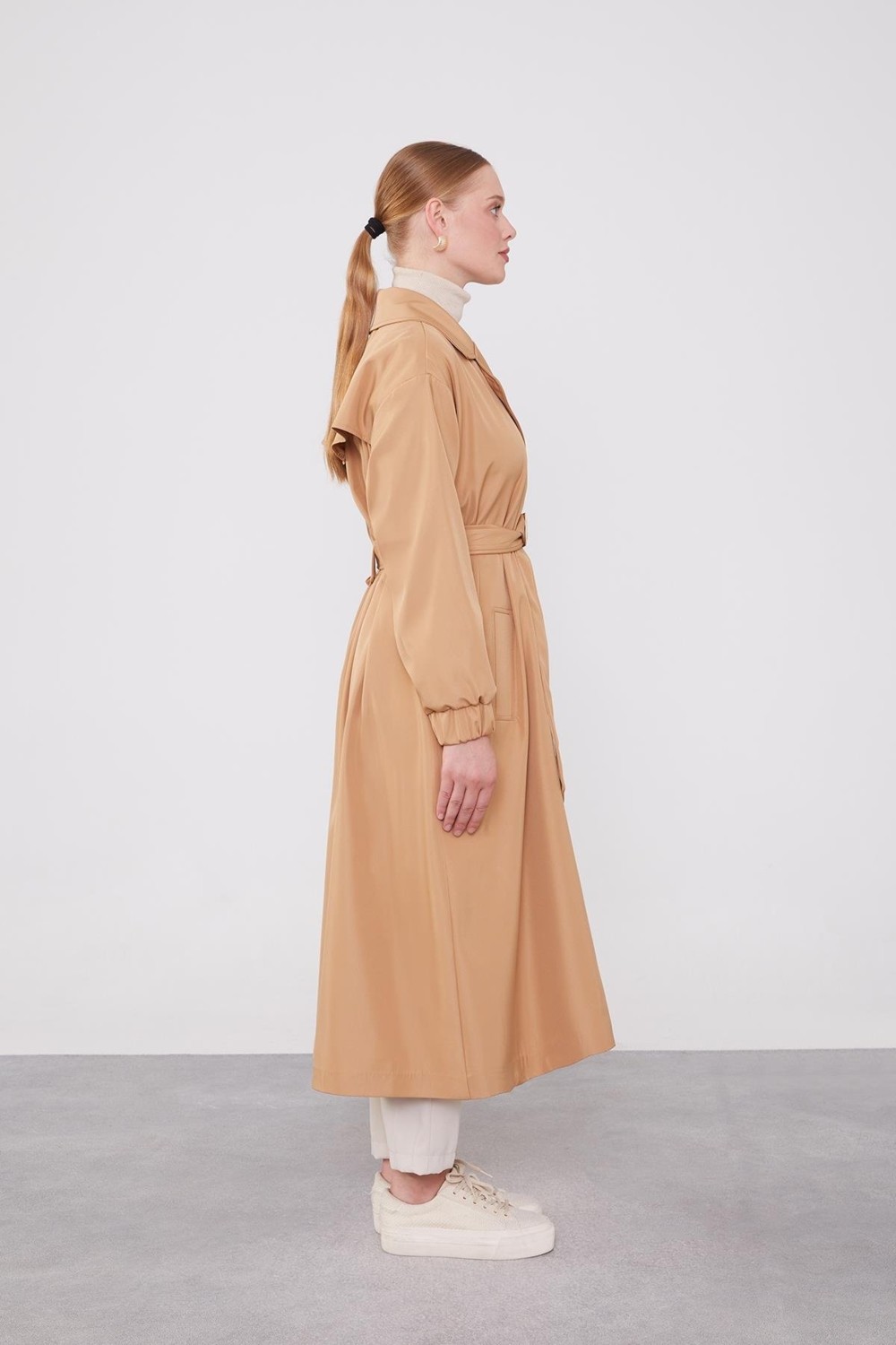 Lêvi D'or Camel Kolu Lastik Detay Trençkot görsel 5
