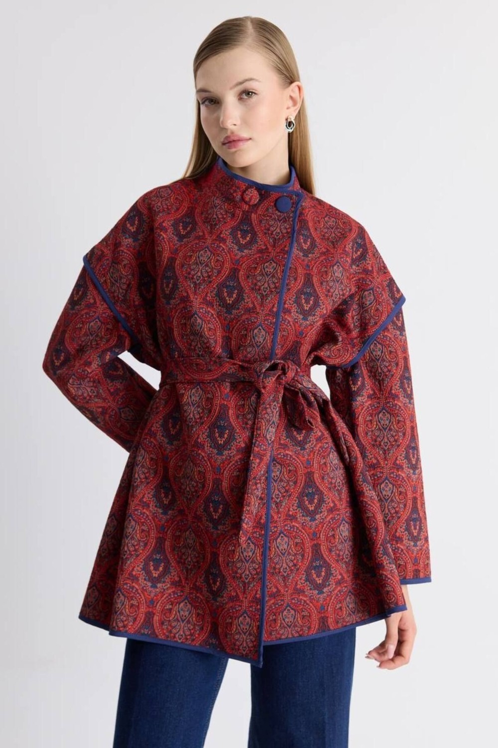 Molly Nelly Kadın Yandan Bağlamalı Tasarım Kimono Ceket Midi Boy Retro Desenli Şık Silüet