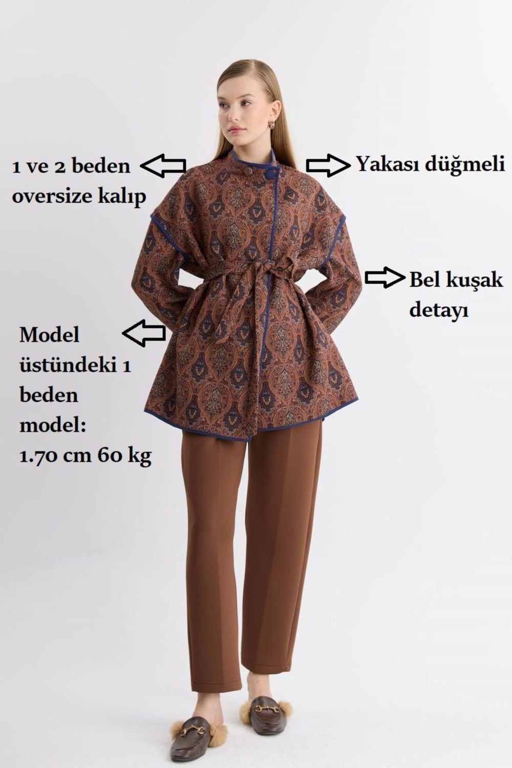 Molly Nelly Kadın Yandan Bağlamalı Tasarım Kimono Ceket Midi Boy Retro Desenli Şık Silüet görsel 3
