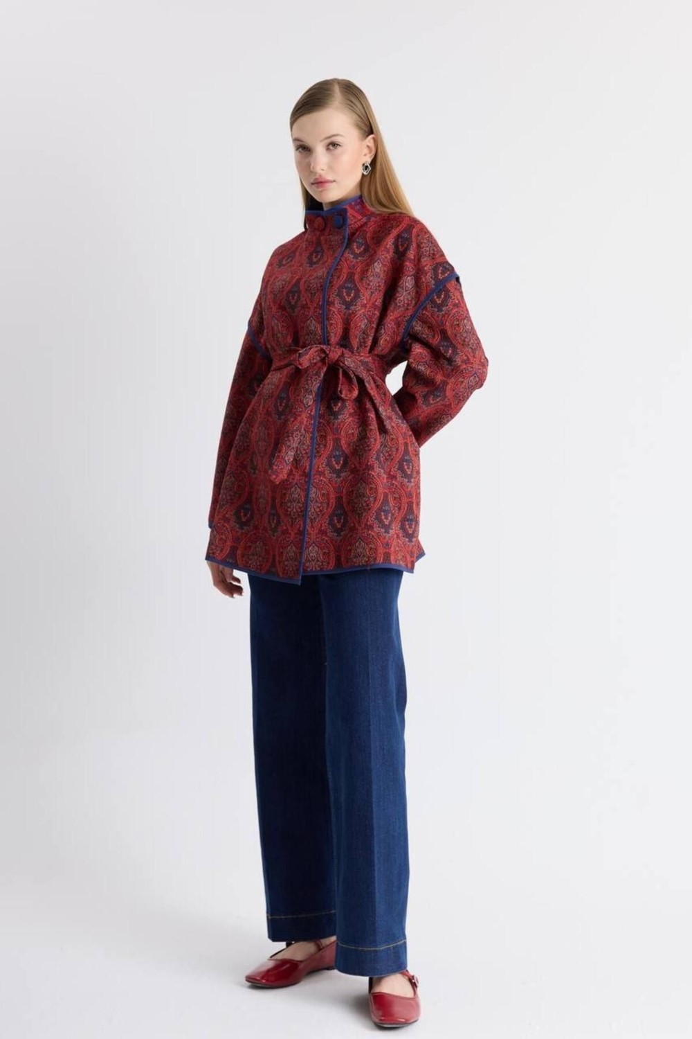 Molly Nelly Kadın Yandan Bağlamalı Tasarım Kimono Ceket Midi Boy Retro Desenli Şık Silüet görsel 4