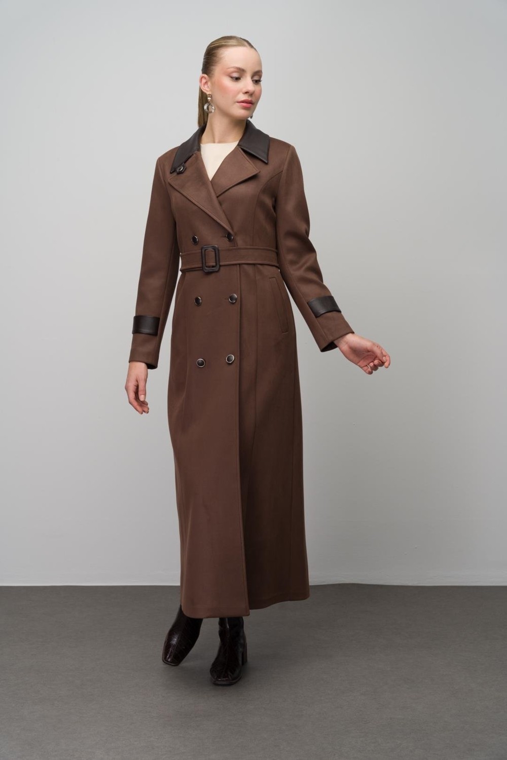 Olcay Kruvaze Deri Garnili Gabardin Süet Görünümlü Pardesü Kahve 6647 görsel 4