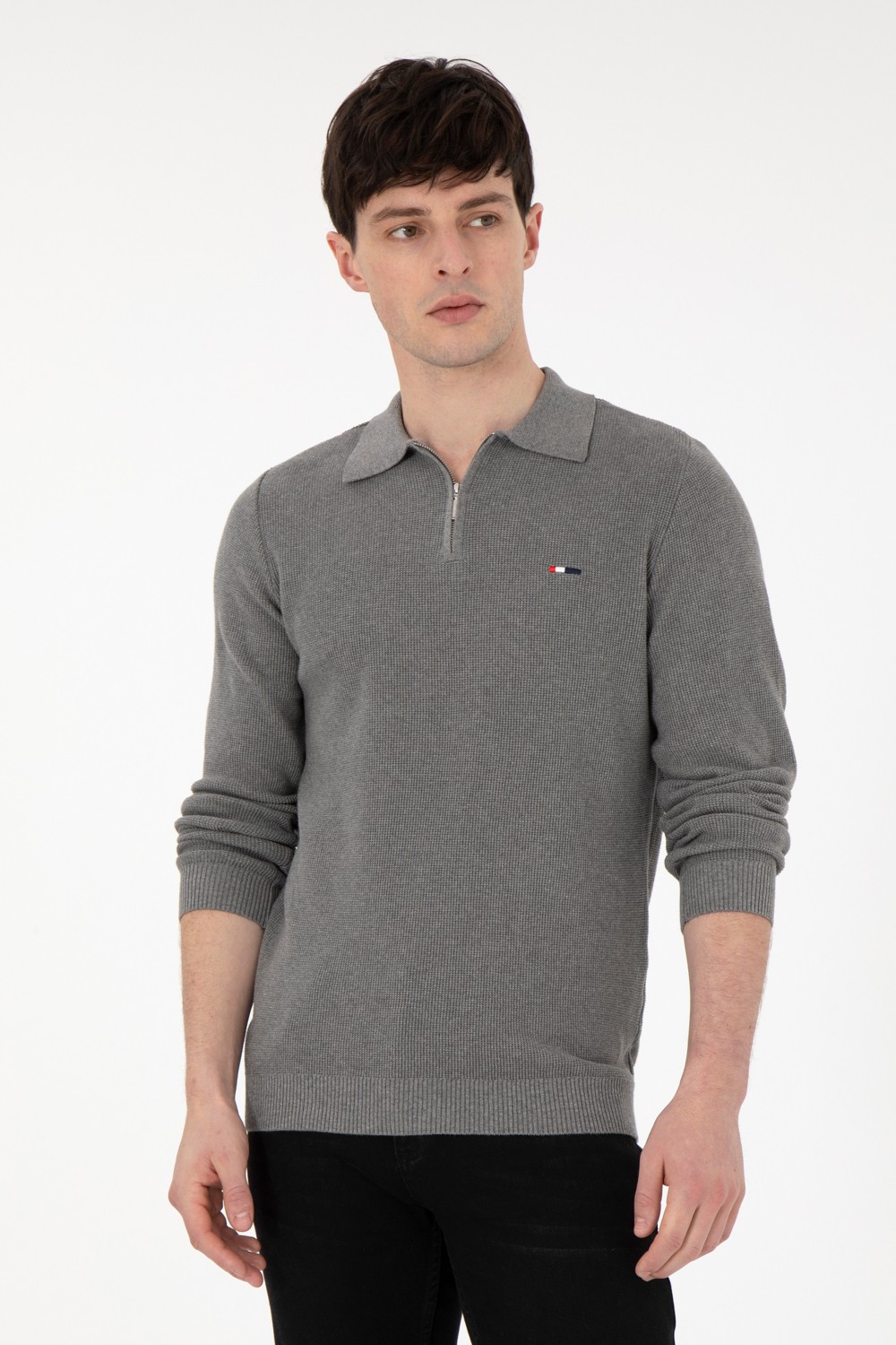 U.S. Polo Assn. Erkek Regular Fit Yarım Fermuarlı Antrasit Melanj Basic Kazak 50298266-VR081