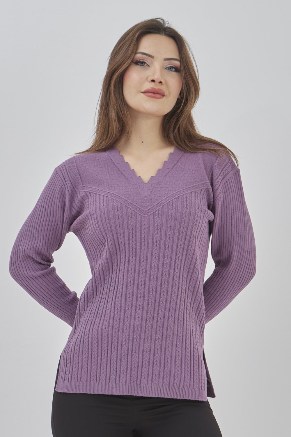 Fresh Moda Kadın Triko Esnek V Yaka Kışlık Anne Kazak görsel 4