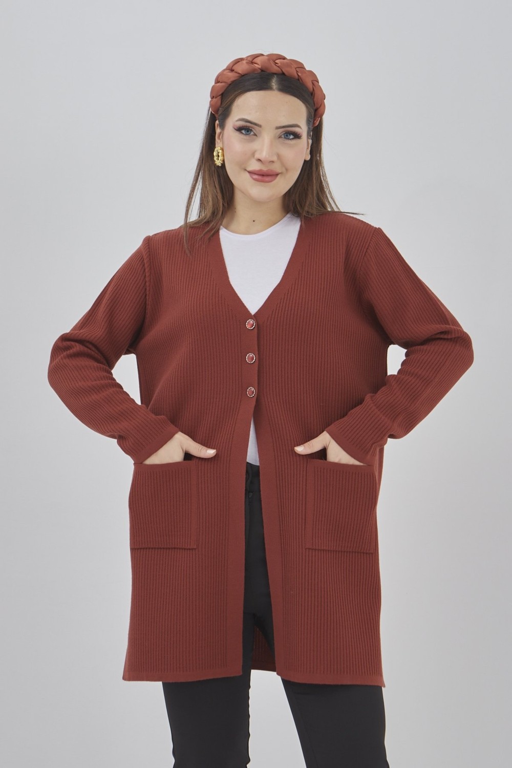 Fresh Moda Kadın Araboy Triko Mevsimlik Cepli Esnek Likralı Hırka görsel 6