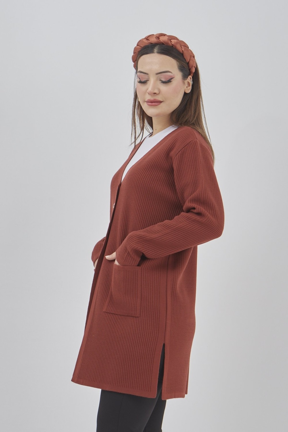 Fresh Moda Kadın Araboy Triko Mevsimlik Cepli Esnek Likralı Hırka görsel 8