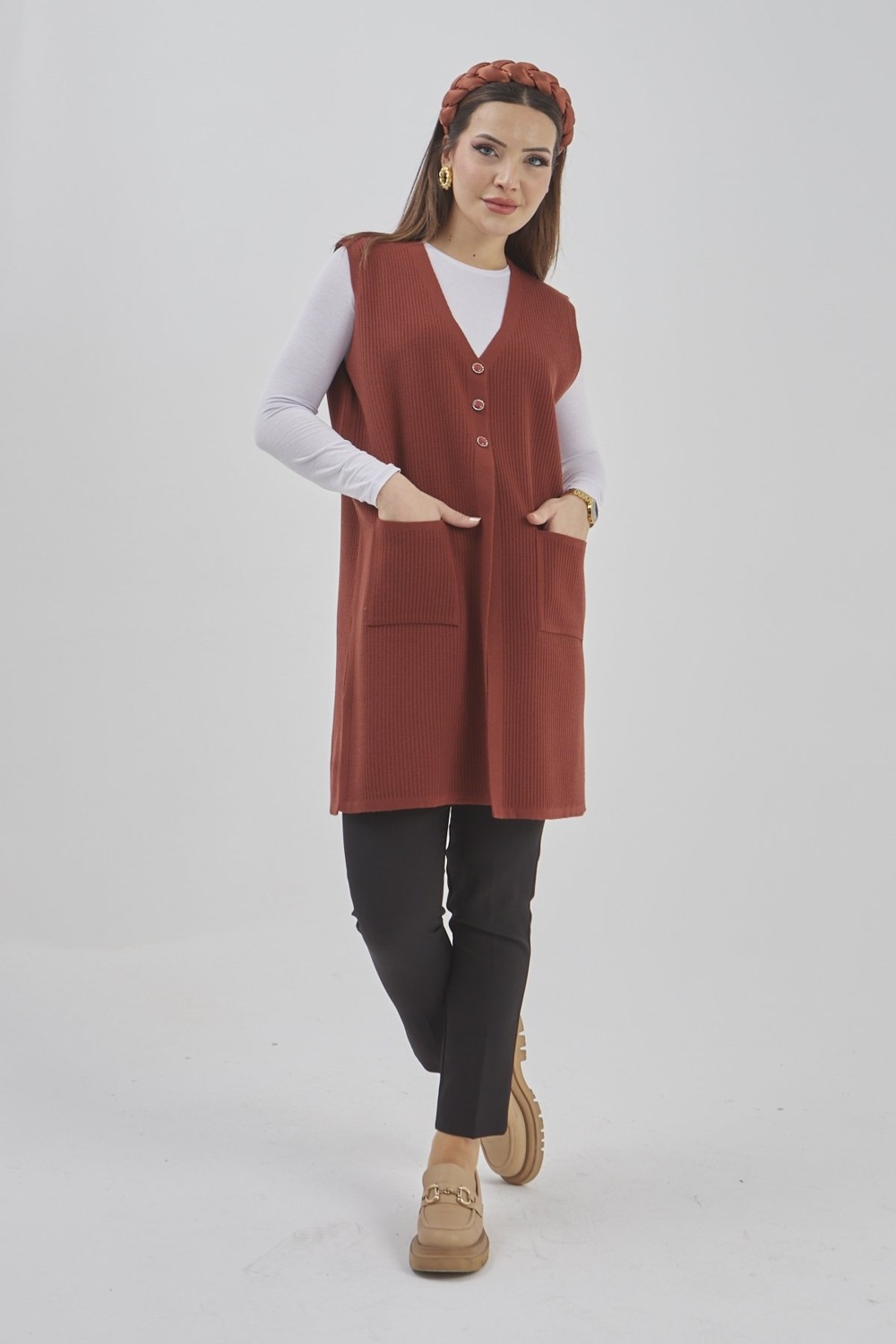 Fresh Moda Kadın Uzun Mevsimlik Triko Likralı Esnek Cepli Düğmeli Yelek