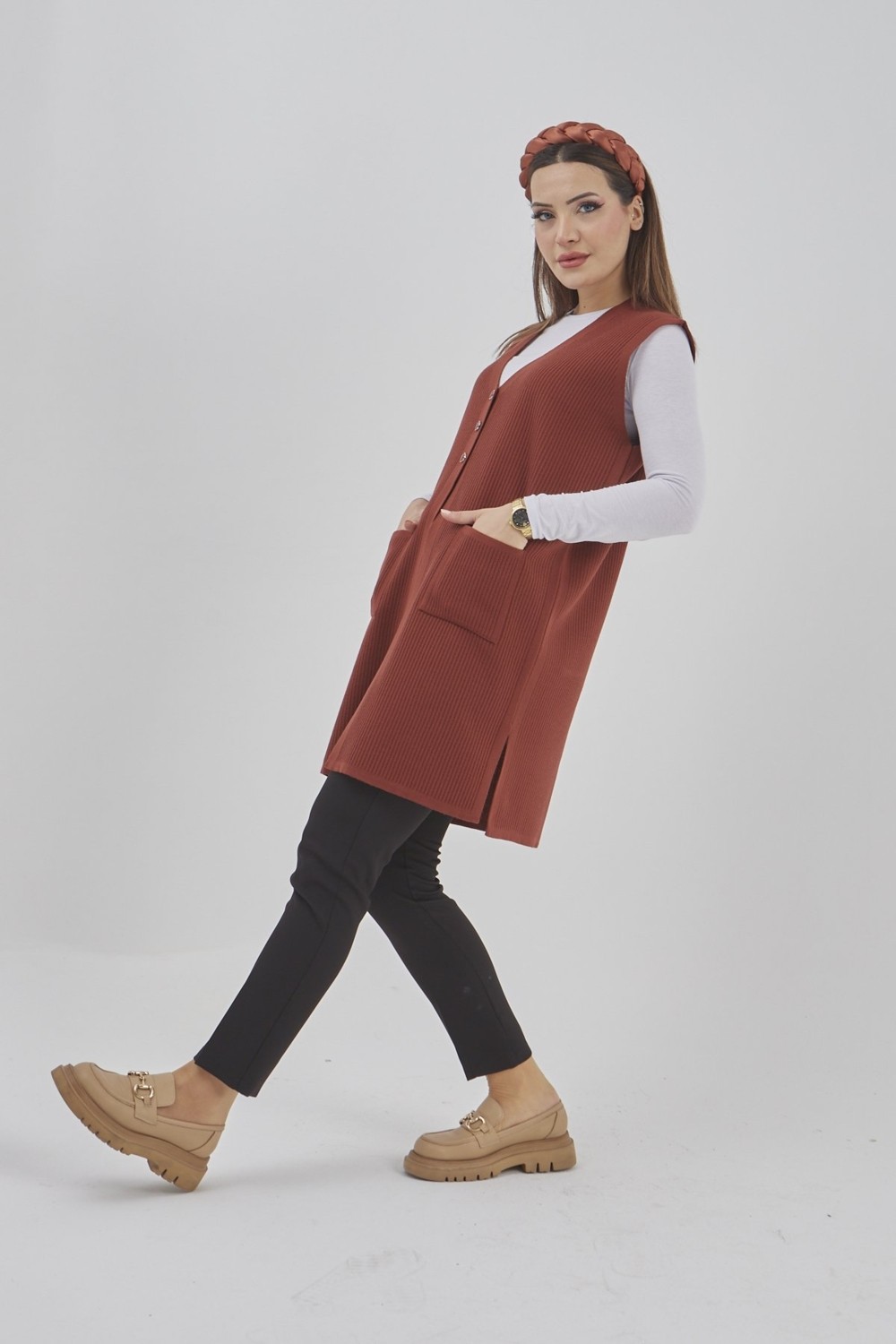 Fresh Moda Kadın Uzun Mevsimlik Triko Likralı Esnek Cepli Düğmeli Yelek görsel 3