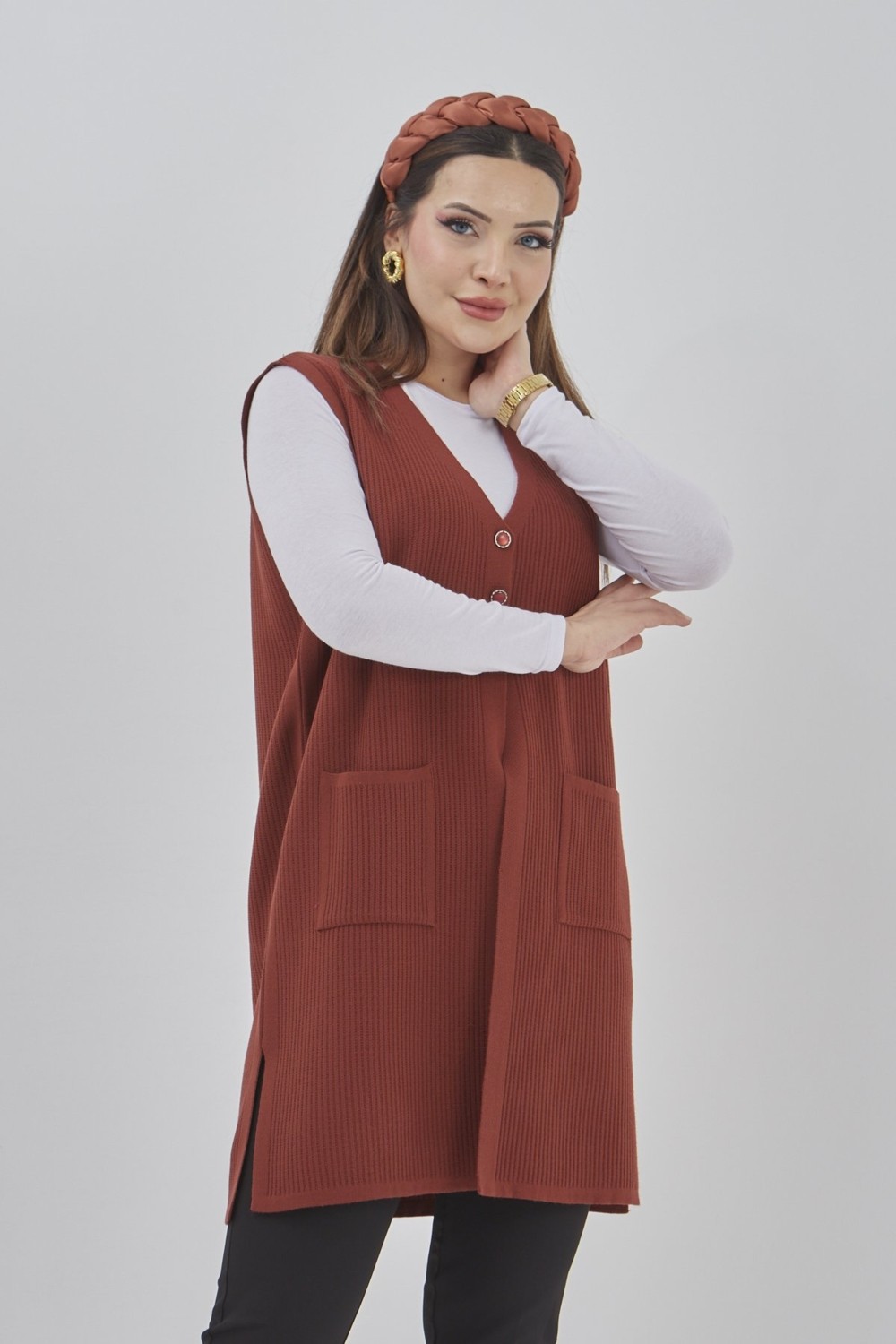 Fresh Moda Kadın Uzun Mevsimlik Triko Likralı Esnek Cepli Düğmeli Yelek görsel 5