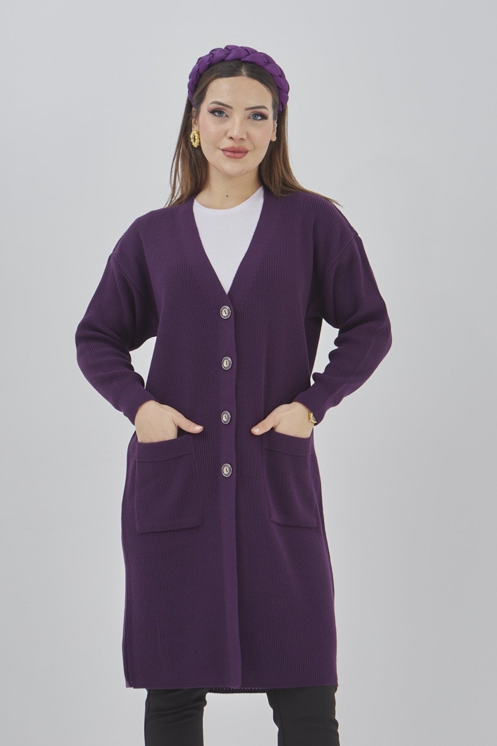 Fresh Moda Kadın Uzun Triko Mevsimlik Cepli Düğmeli Likralı Hırka görsel 5