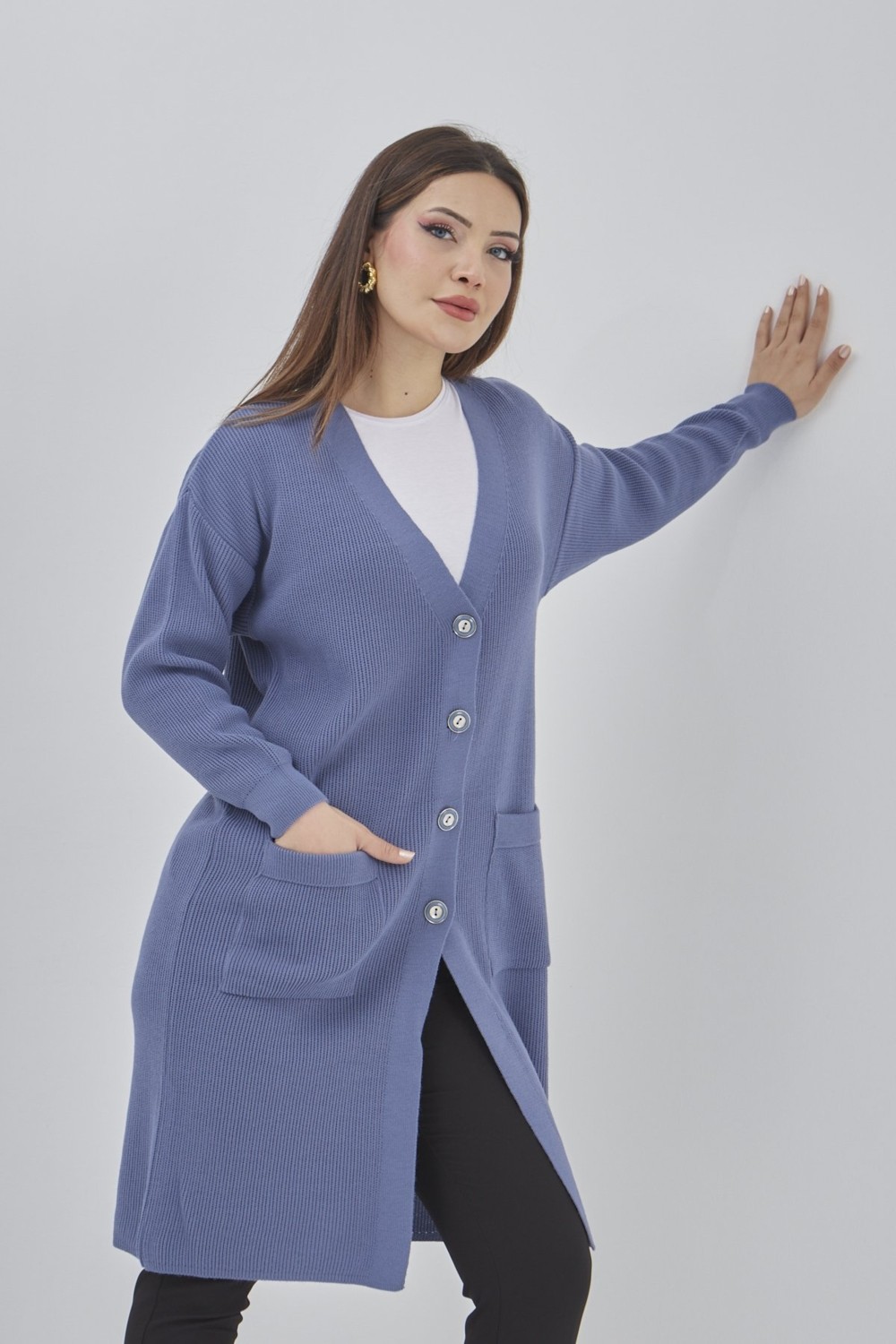 Fresh Moda Kadın Uzun Triko Mevsimlik Cepli Düğmeli Likralı Hırka görsel 6