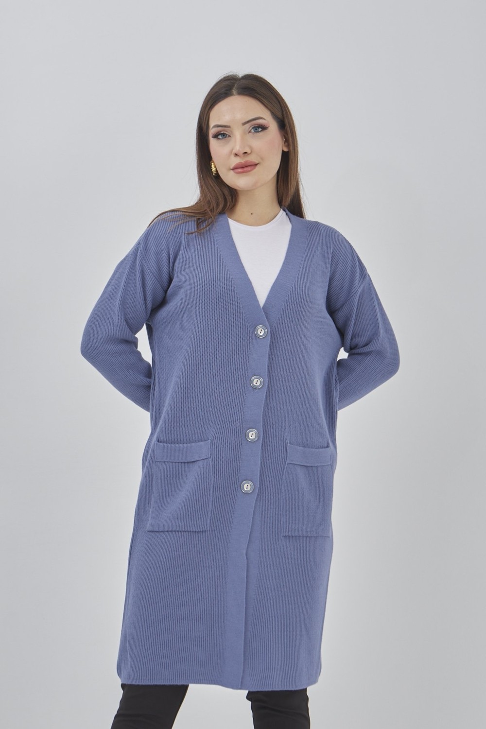 Fresh Moda Kadın Uzun Triko Mevsimlik Cepli Düğmeli Likralı Hırka görsel 7