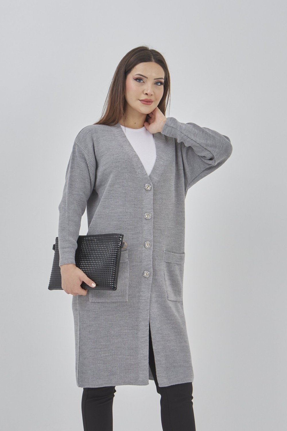 Fresh Moda Kadın Uzun Triko Mevsimlik Cepli Düğmeli Likralı Hırka