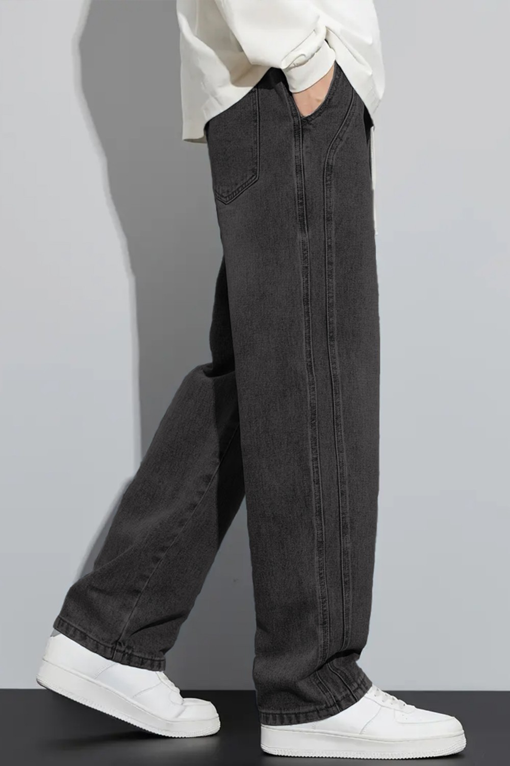 The Rule Erkek Antrasit Baggy Beli Lastikli Likralı Bol Kesim Esnek Jean Denim Kot Pantolon RF0484 görsel 4