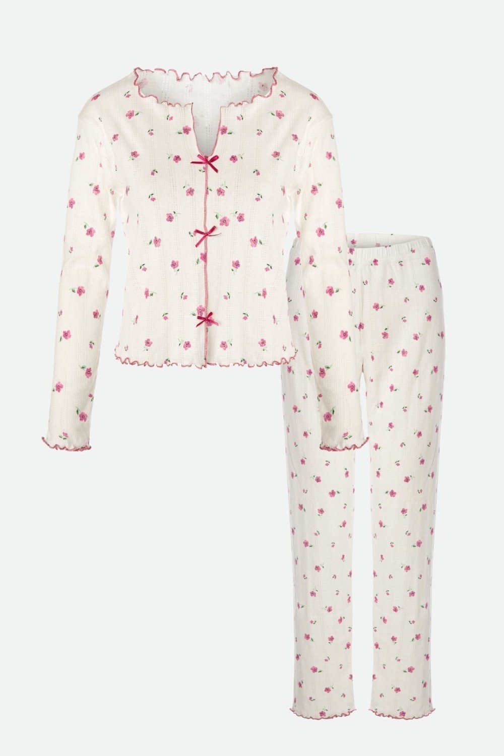 Koza İç Giyim Kadın Pamuklu Çıtır Çiçek Desenli Baby Overloklu Fiyonklu Uzun Kollu Pijama Takımı