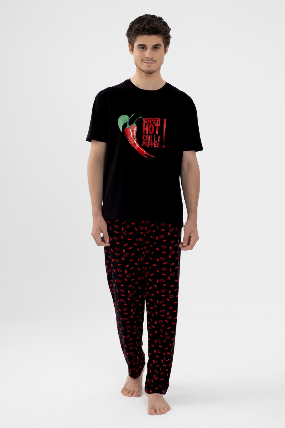 Koza İç Giyim Erkek Pamuklu Kısa Kollu Chilli Baskılı Cep Detaylı Pijama Takımı