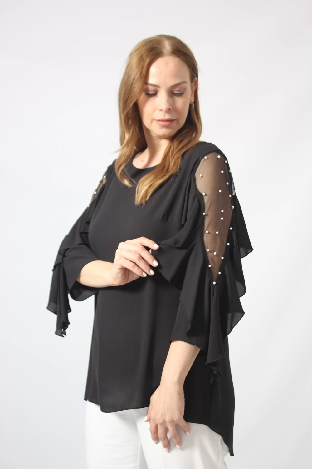 Moda Berray 28004 Kolları Incili Büyük Beden Bluz Siyah görsel 2