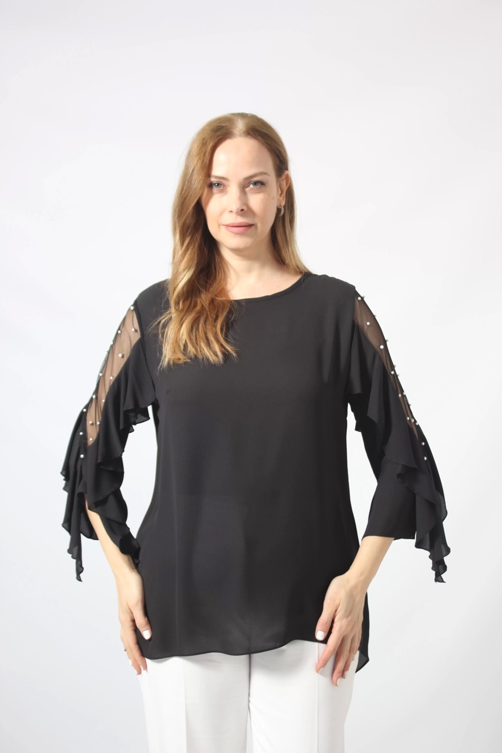 Moda Berray 28004 Kolları Incili Büyük Beden Bluz Siyah görsel 3