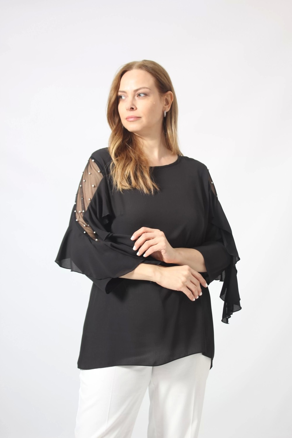 Moda Berray 28004 Kolları Incili Büyük Beden Bluz Siyah görsel 4
