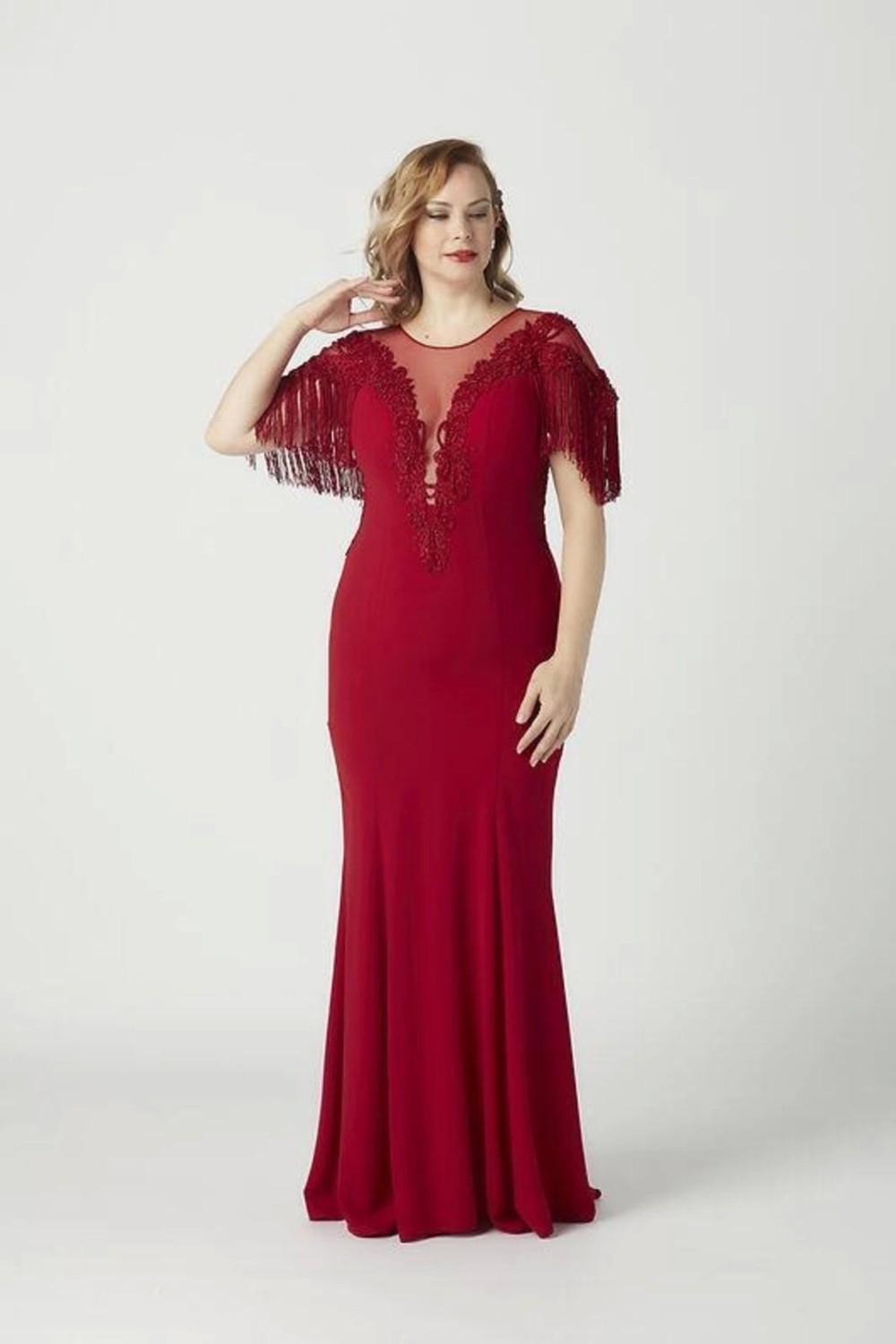 Moda Berray 8009 Işlemeli Püsküllü Büyük Beden Uzun Abiye Kırmızı görsel 2