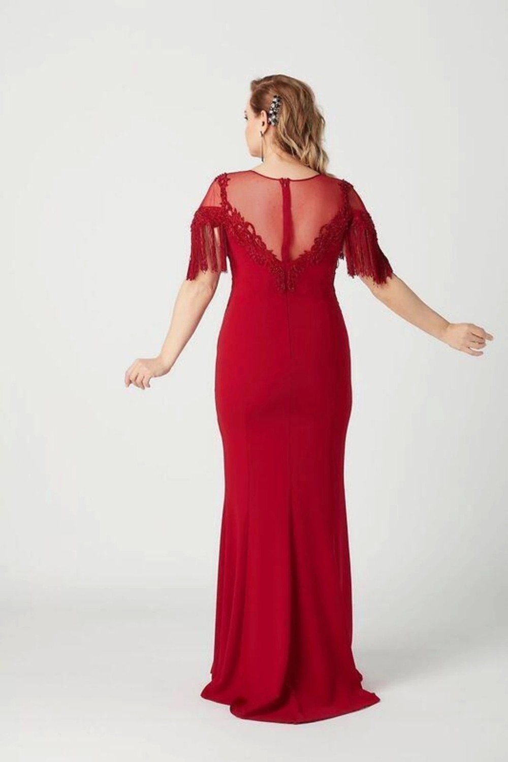 Moda Berray 8009 Işlemeli Püsküllü Büyük Beden Uzun Abiye Kırmızı görsel 4