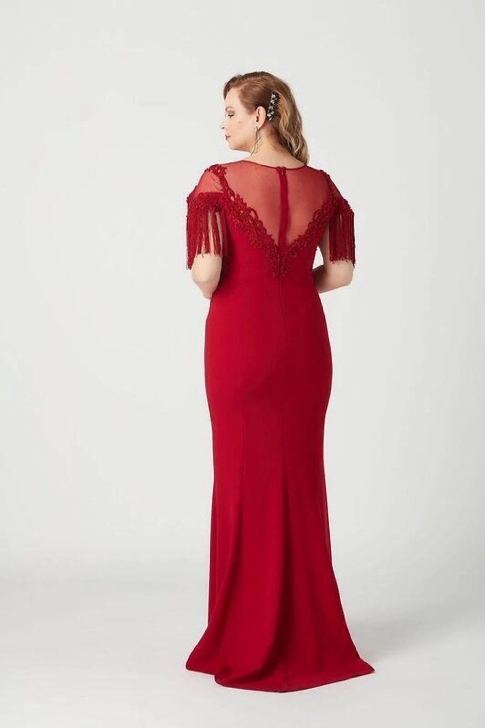 Moda Berray 8009 Işlemeli Püsküllü Büyük Beden Uzun Abiye Kırmızı görsel 5