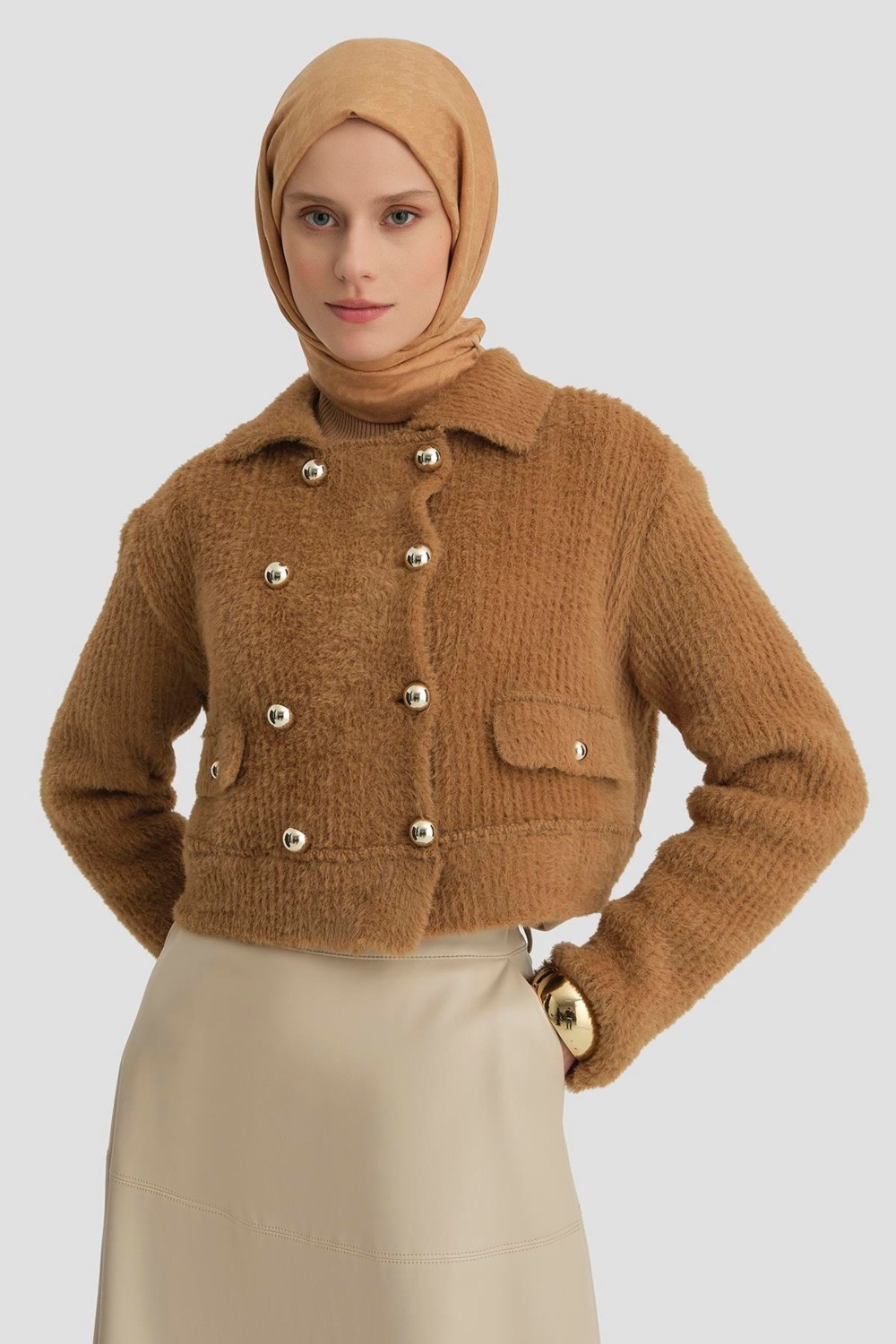 Armine Tüylü Triko Ceket 24K5718 Camel görsel 2