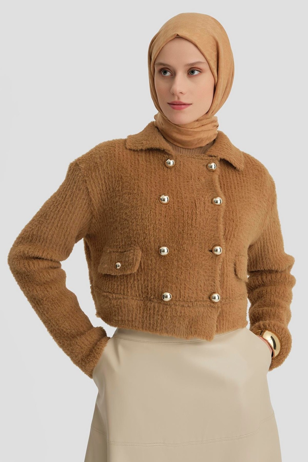 Armine Tüylü Triko Ceket 24K5718 Camel görsel 3