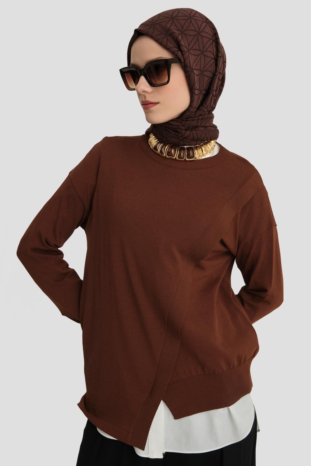 Armine Aller Detaylı Triko Kazak 24KD2005 Kızıl Kahve görsel 2