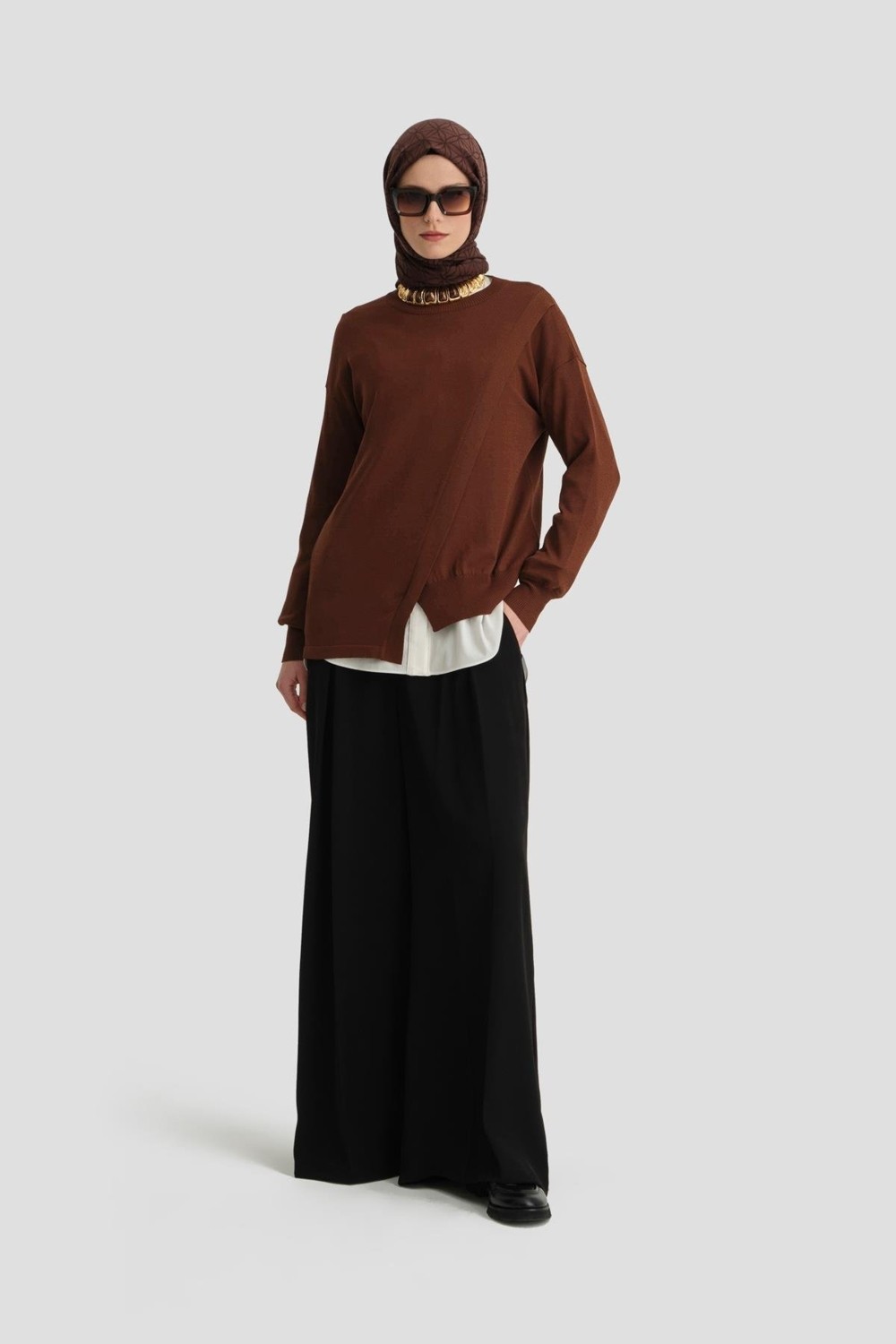 Armine Aller Detaylı Triko Kazak 24KD2005 Kızıl Kahve görsel 3