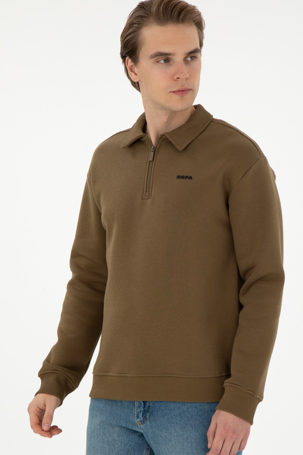 U.S. Polo Assn. Erkek Comfort Fit Yarım Fermuarlı Kahverengi Basic Sweatshirt 50298265-VR029