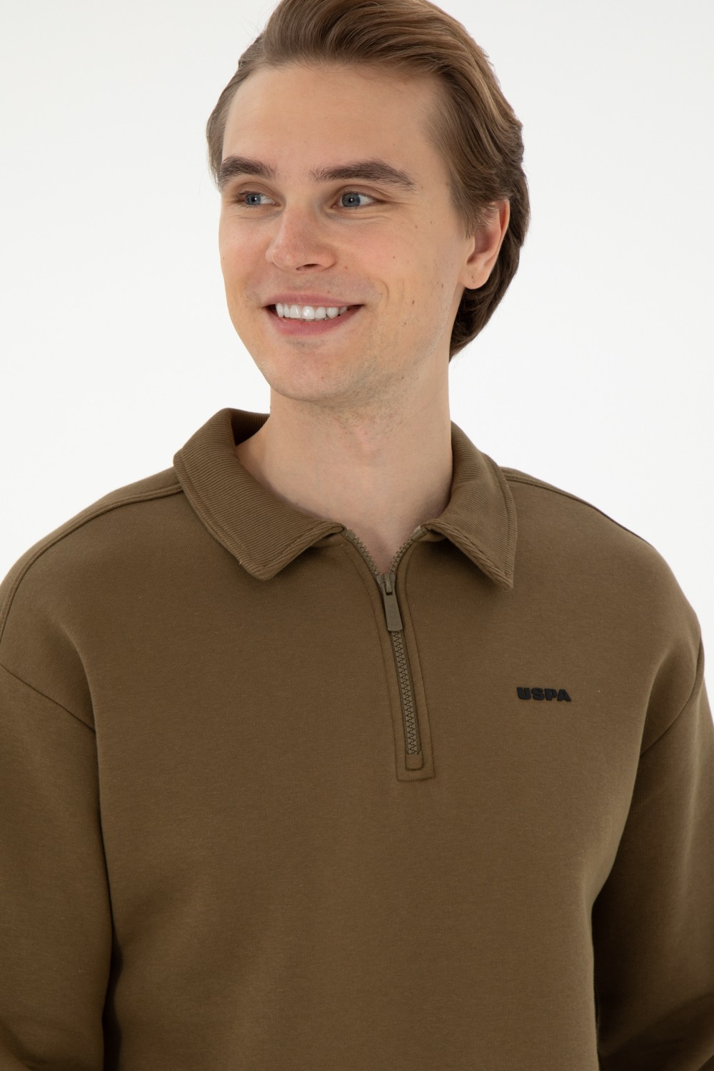 U.S. Polo Assn. Erkek Comfort Fit Yarım Fermuarlı Kahverengi Basic Sweatshirt 50298265-VR029 görsel 8