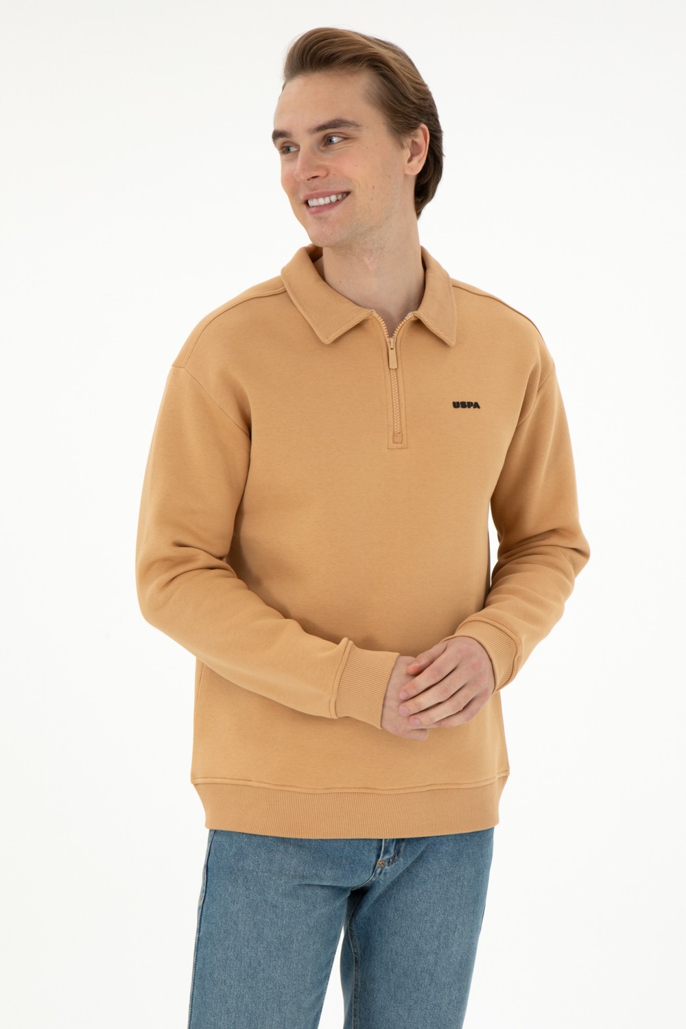 U.S. Polo Assn. Erkek Comfort Fit Yarım Fermuarlı Kahverengi Basic Sweatshirt 50298265-VR029
