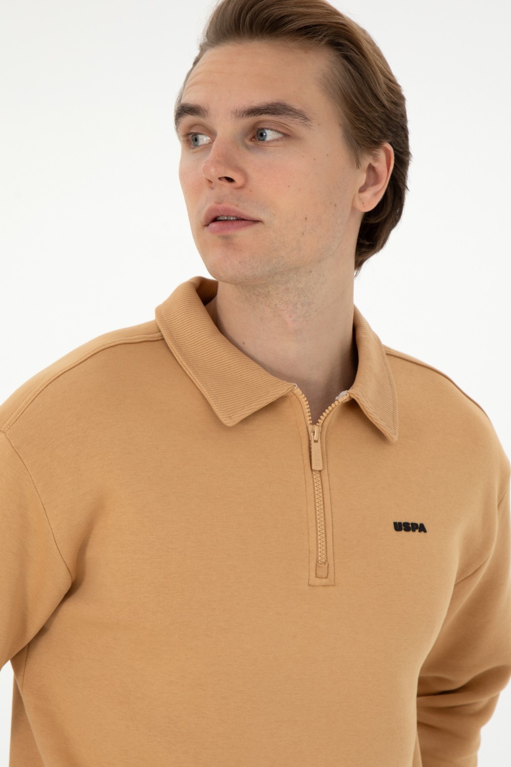 U.S. Polo Assn. Erkek Comfort Fit Yarım Fermuarlı Kahverengi Basic Sweatshirt 50298265-VR029 görsel 2