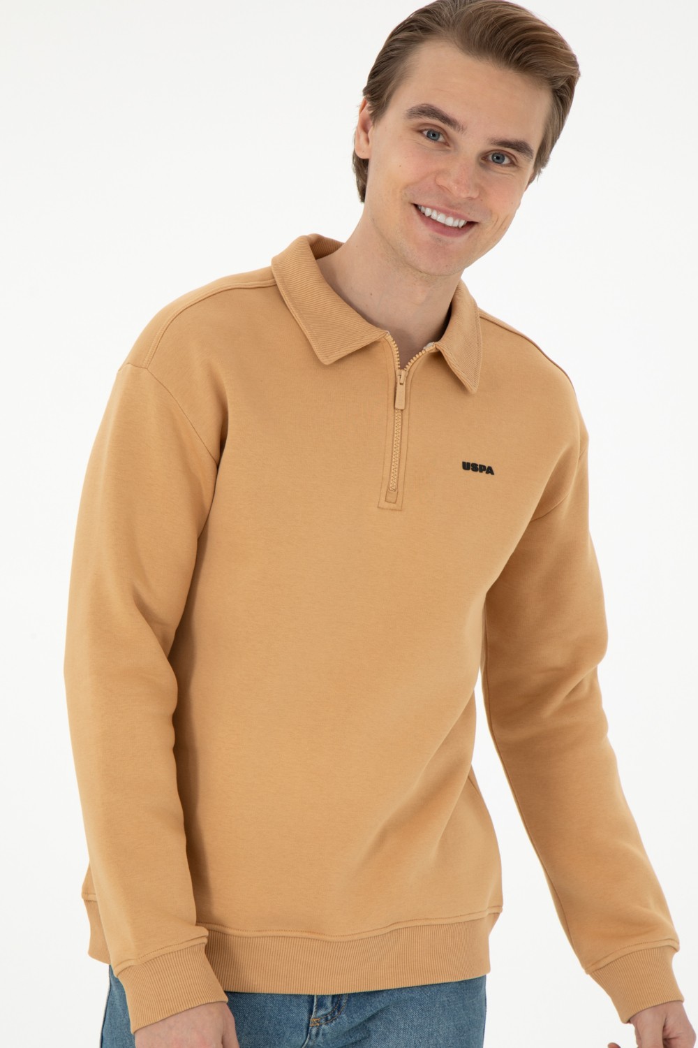 U.S. Polo Assn. Erkek Comfort Fit Yarım Fermuarlı Kahverengi Basic Sweatshirt 50298265-VR029 görsel 3