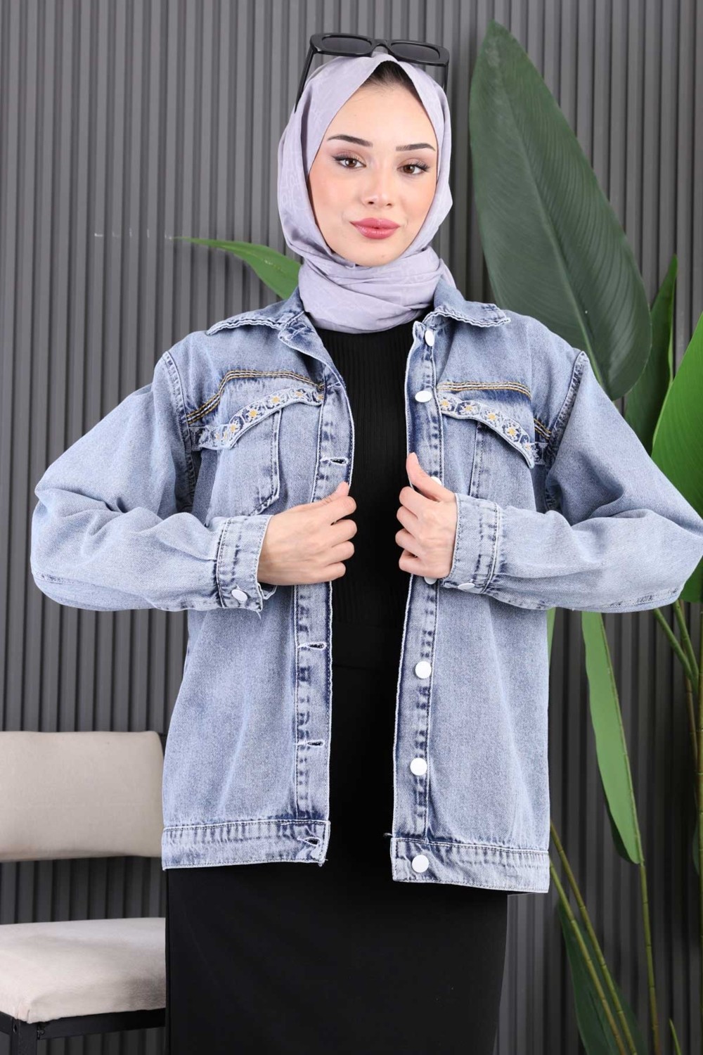İmaj Butik Mavi Nakış İşlemeli Kot Ceket