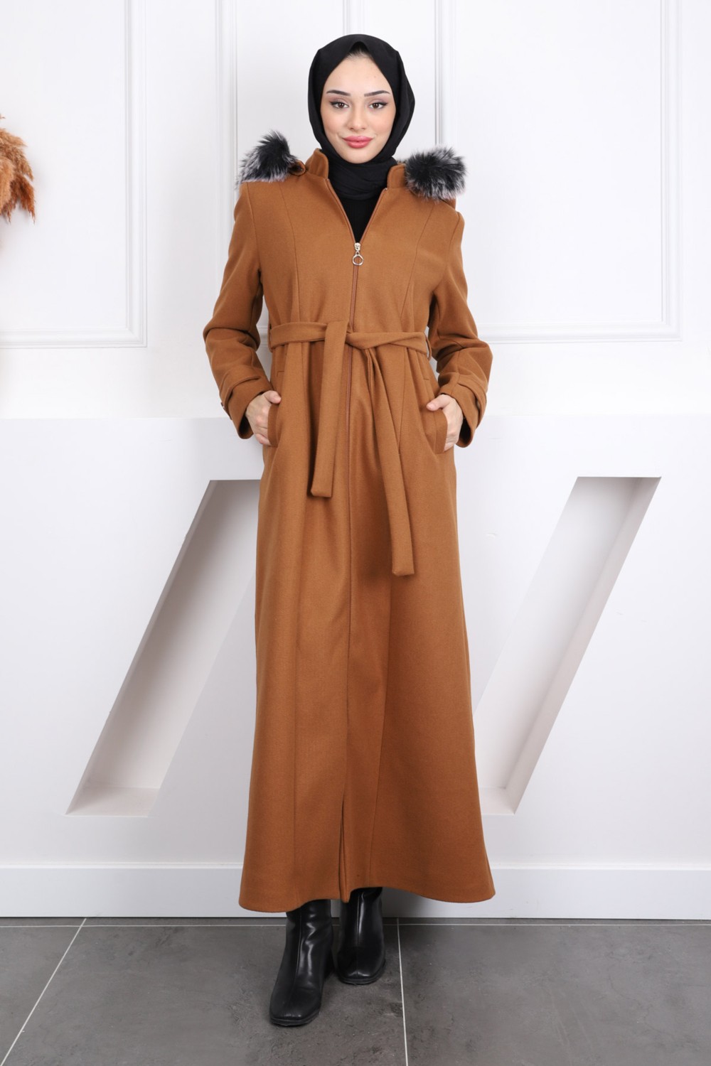 İmaj Butik Taba Bel Kuşaklı Kapüşonlu Pardesü Kaşe Kaban
